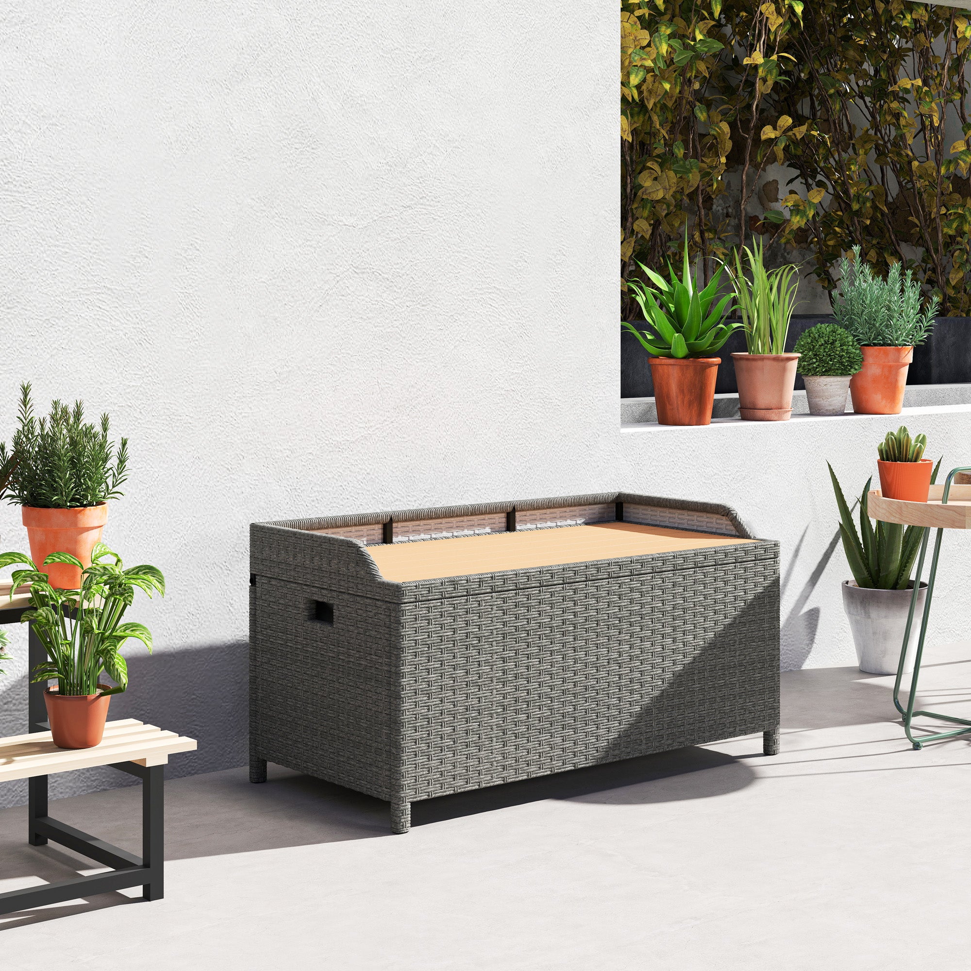 Outsunny 130 L Rattan Garden Storage Box, with Seat - Grey - North Peak Garden Furniture
