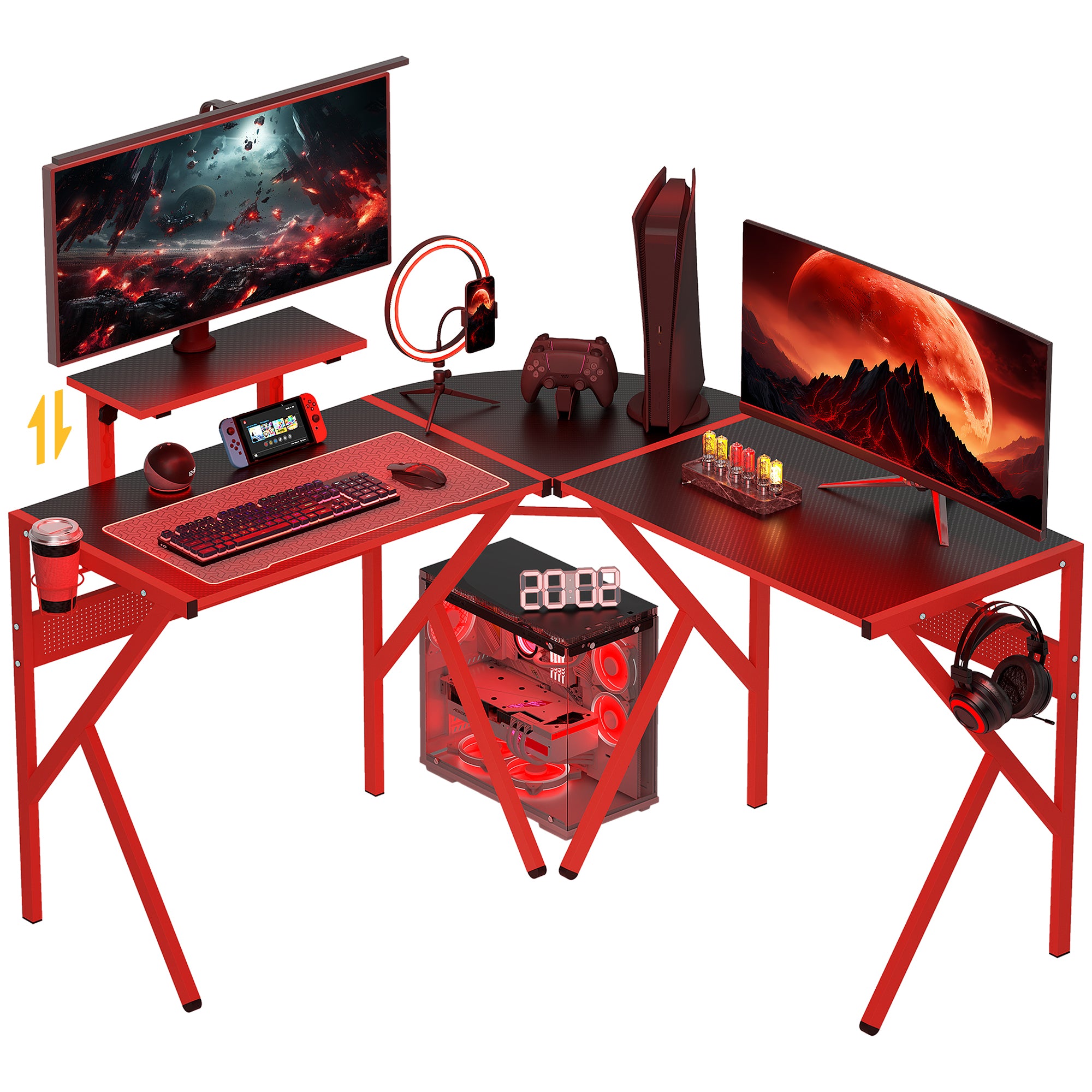 HOMCOM Gaming Desk L-Shaped Corner Computer Table for Home Office PC Workstations with Adjustable Monitor Stand Cup Holder Headphone Hook 125x125x75cm, Red - North Peak Garden Furniture