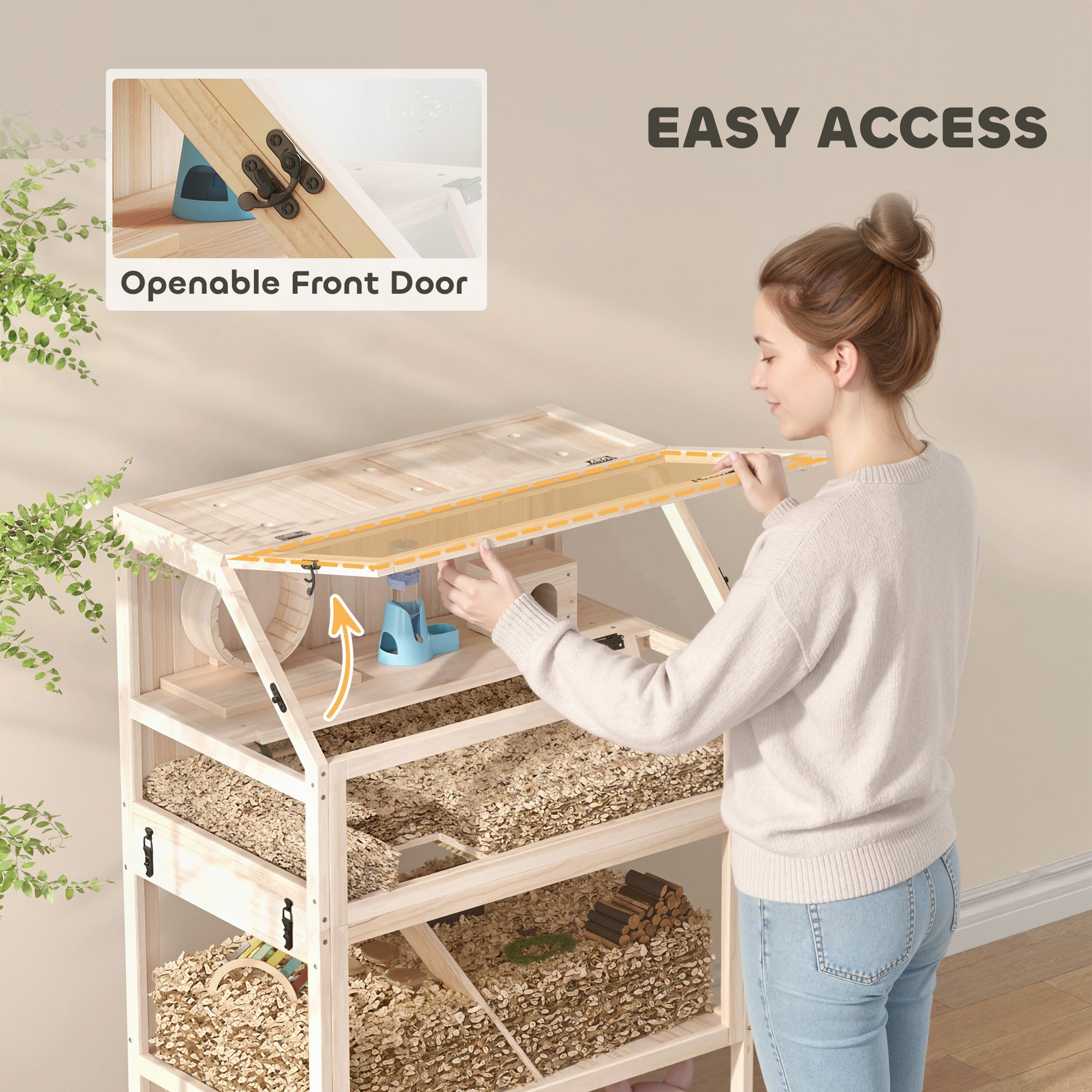 PawHut Wooden Hamster Cage with Detachable Lower Floor, Storage Shelf, Hut, Seesaw, Exercise Wheel, Ramps for Hamster