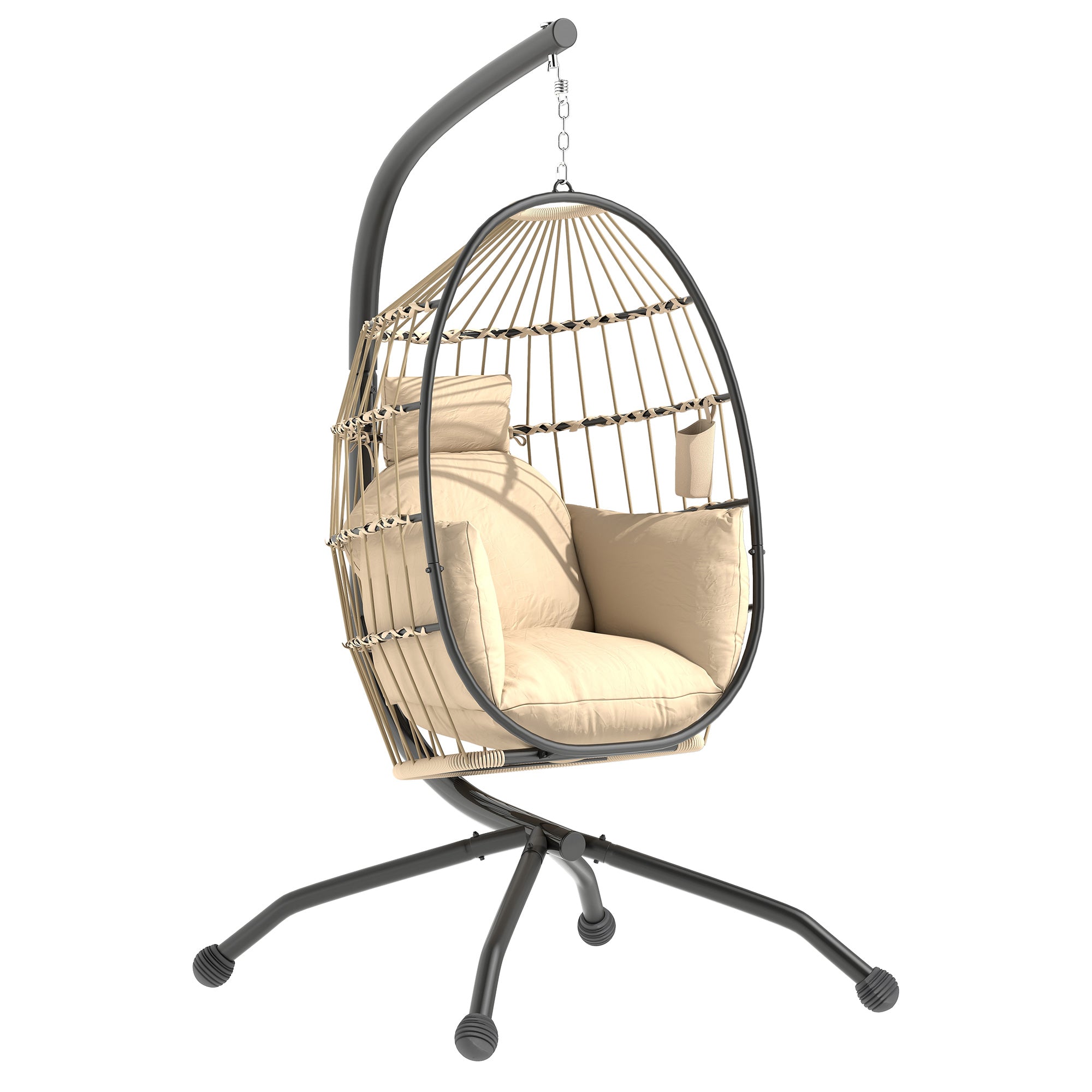 Outsunny Hanging Egg Chair Outdoor Indoor Garden Swing Chair with Folding Basket and Thickened Cushion, Garden Hanging Chair with Stand, Headrest, Cup Holder for Patio, Balcony, Khaki - North Peak Garden Furniture