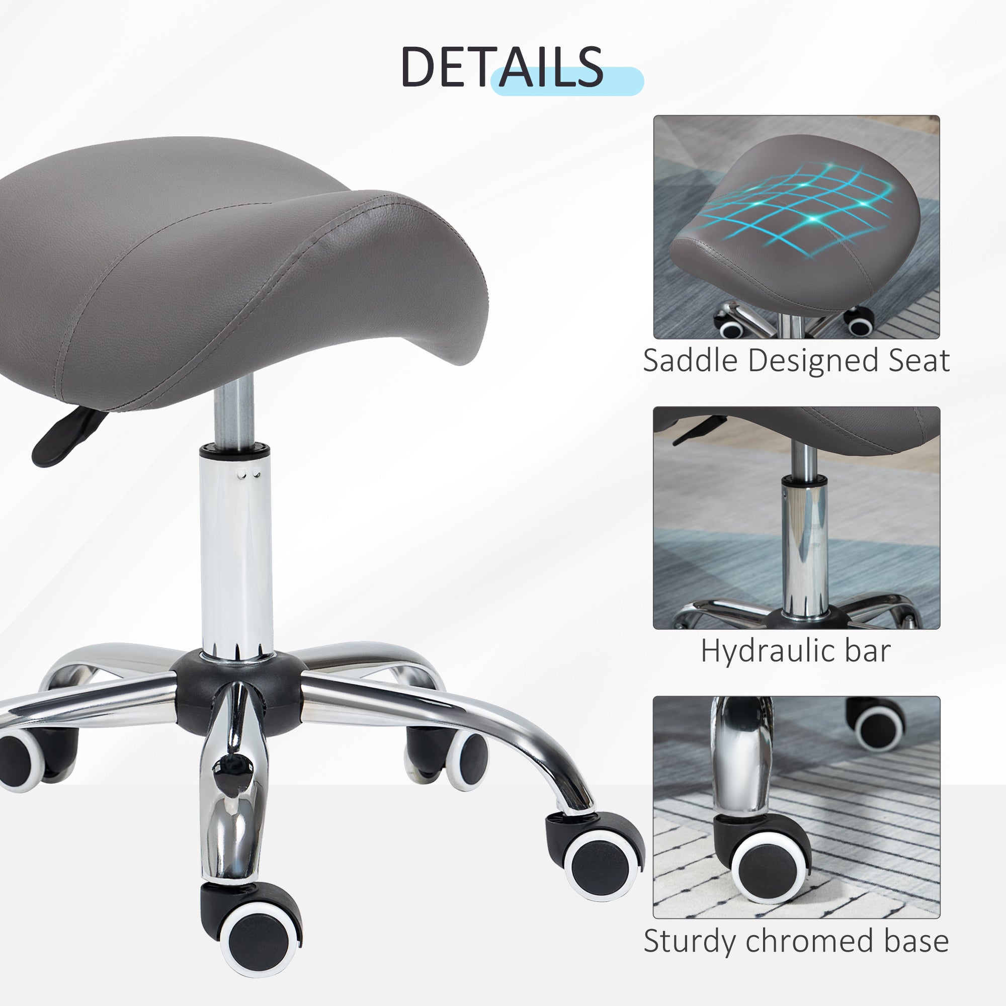 HOMCOM Cosmetic Stool 360° Rotate Height Adjustable Salon Massage Spa Chair Hydraulic Rolling Faux Leather Saddle Stool, Grey - North Peak Garden Furniture