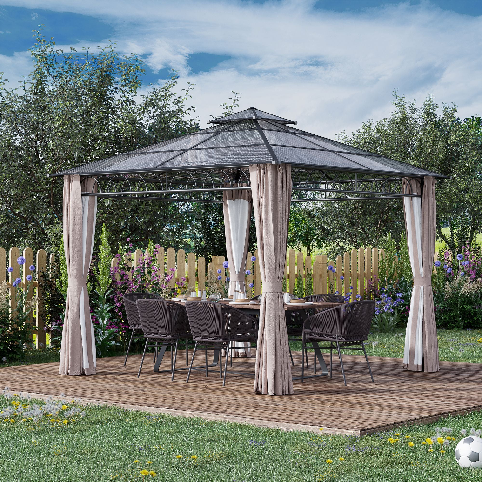 Outsunny 3 x 3 (m) Outdoor Polycarbonate Gazebo, Double Roof Hard Top Gazebo with Galvanised Steel Frame, Nettings & Curtains for Garden, Lawn, Patio and Deck