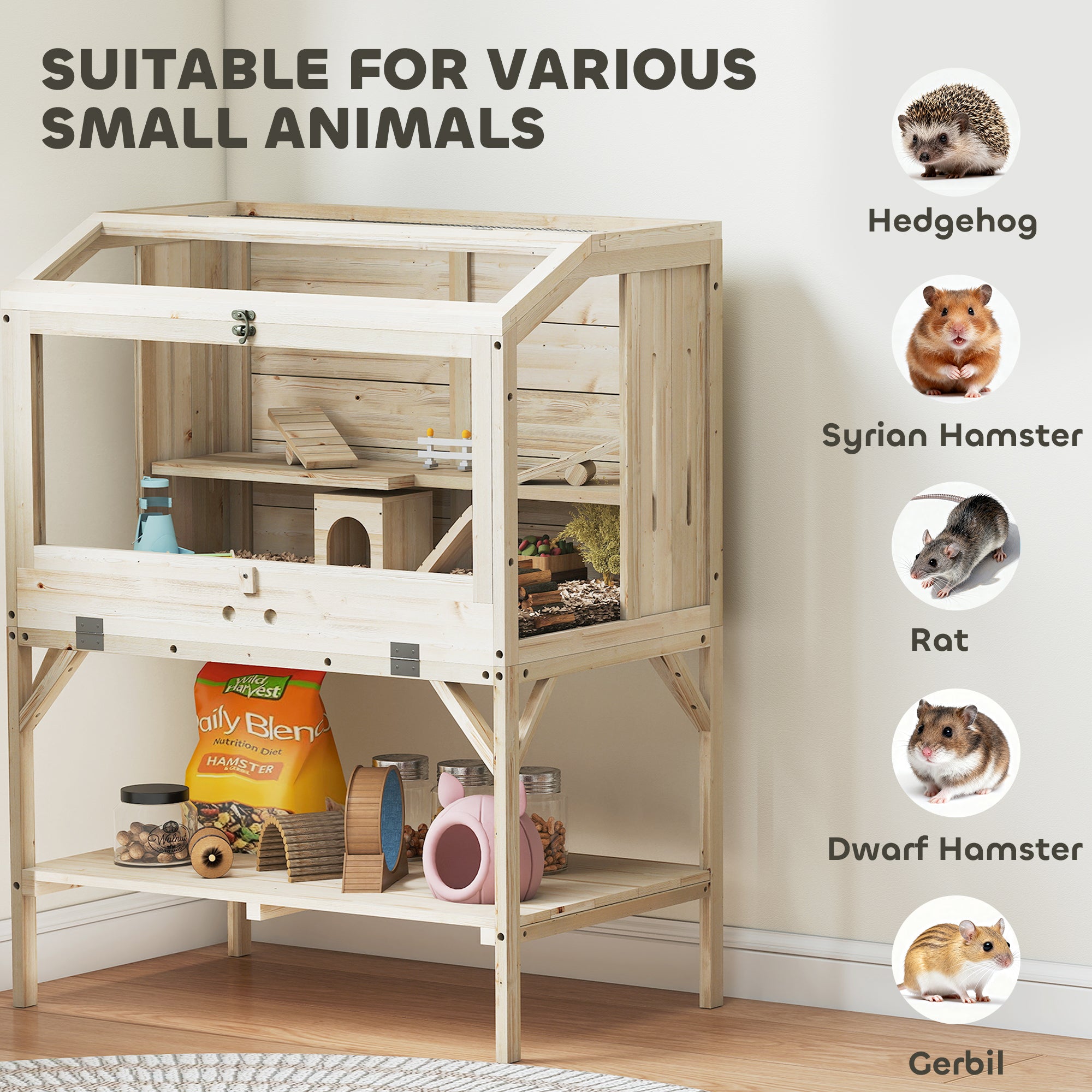 PawHut 2 Tier Wooden Hamster Cage with Shelf and Openable Top