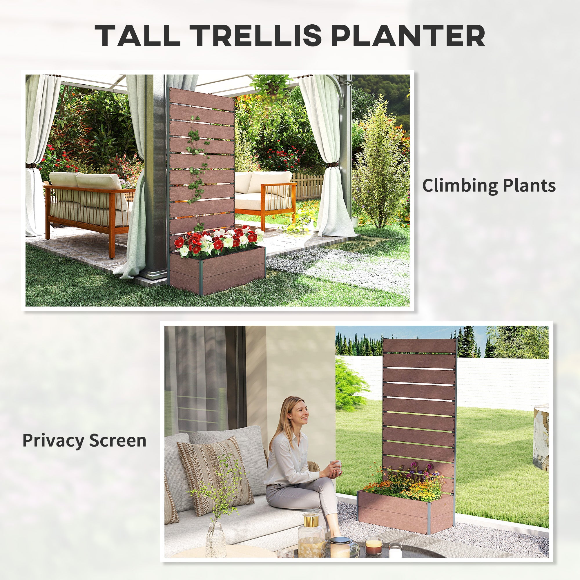 Outsunny 34 x 69.5cm Garden Planter Box, with Back Trellis - Brown