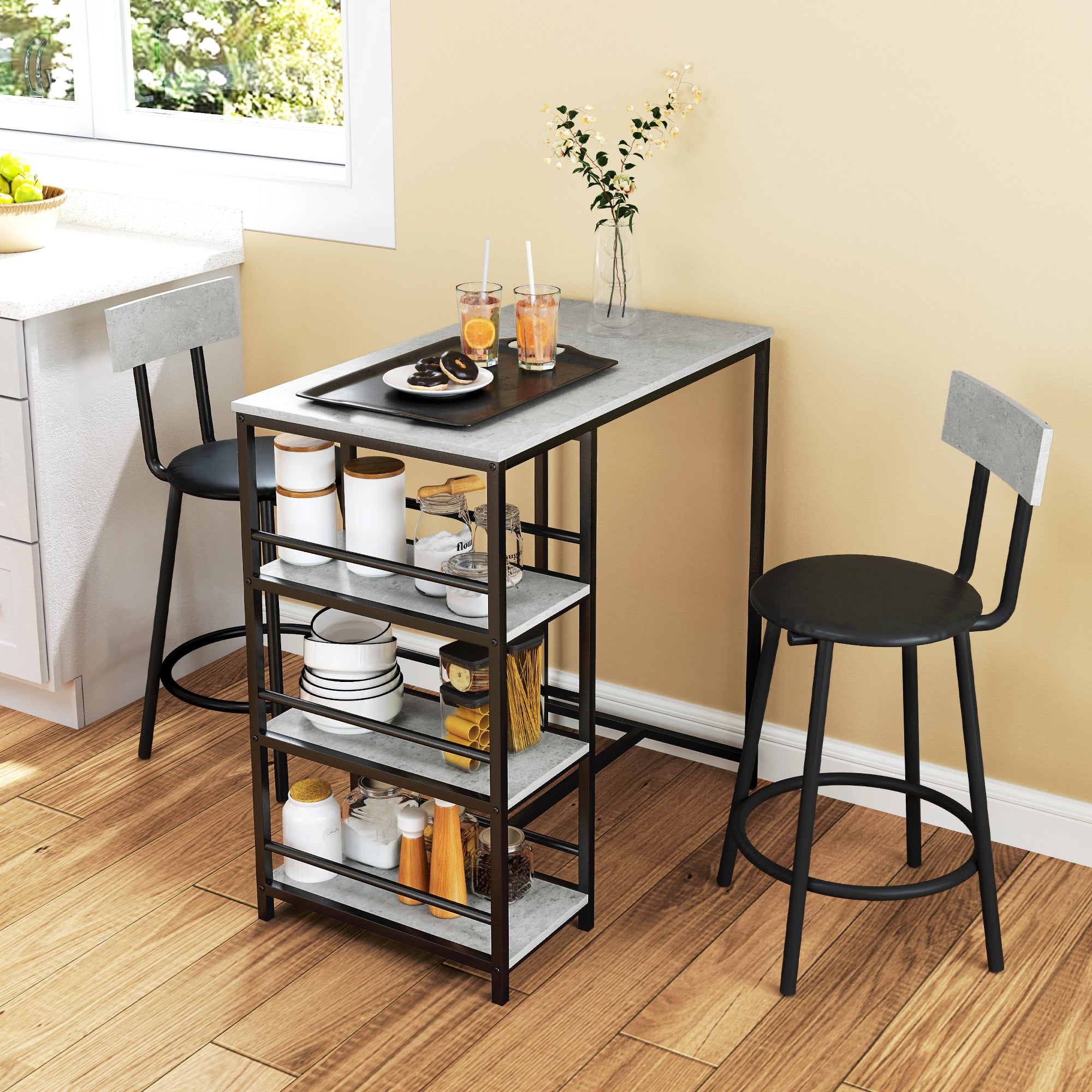 HOMCOM Three-Piece Kitchen Dining Set, with Shelves - Grey/Black - North Peak Garden Furniture