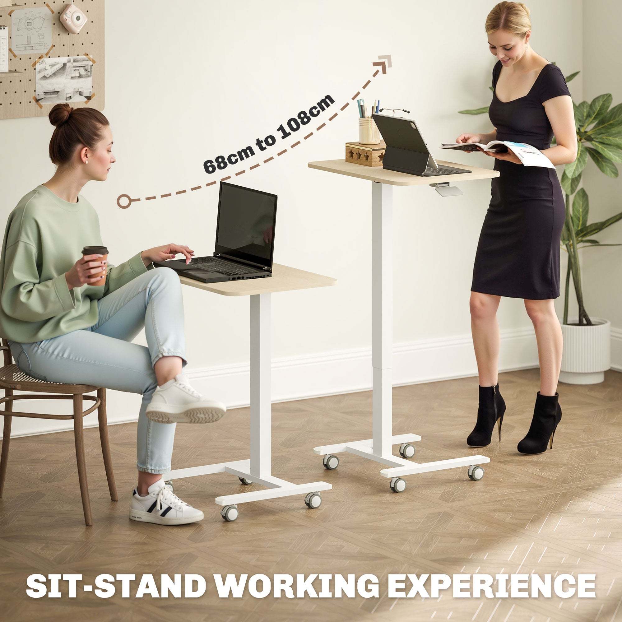 Vinsetto Movable Standing Desk, Height Adjustable Sit Stand Desk with Hand Crank, Stand Up Desk with 4 Rolling Wheels for Home Office, Natural Wood Finish