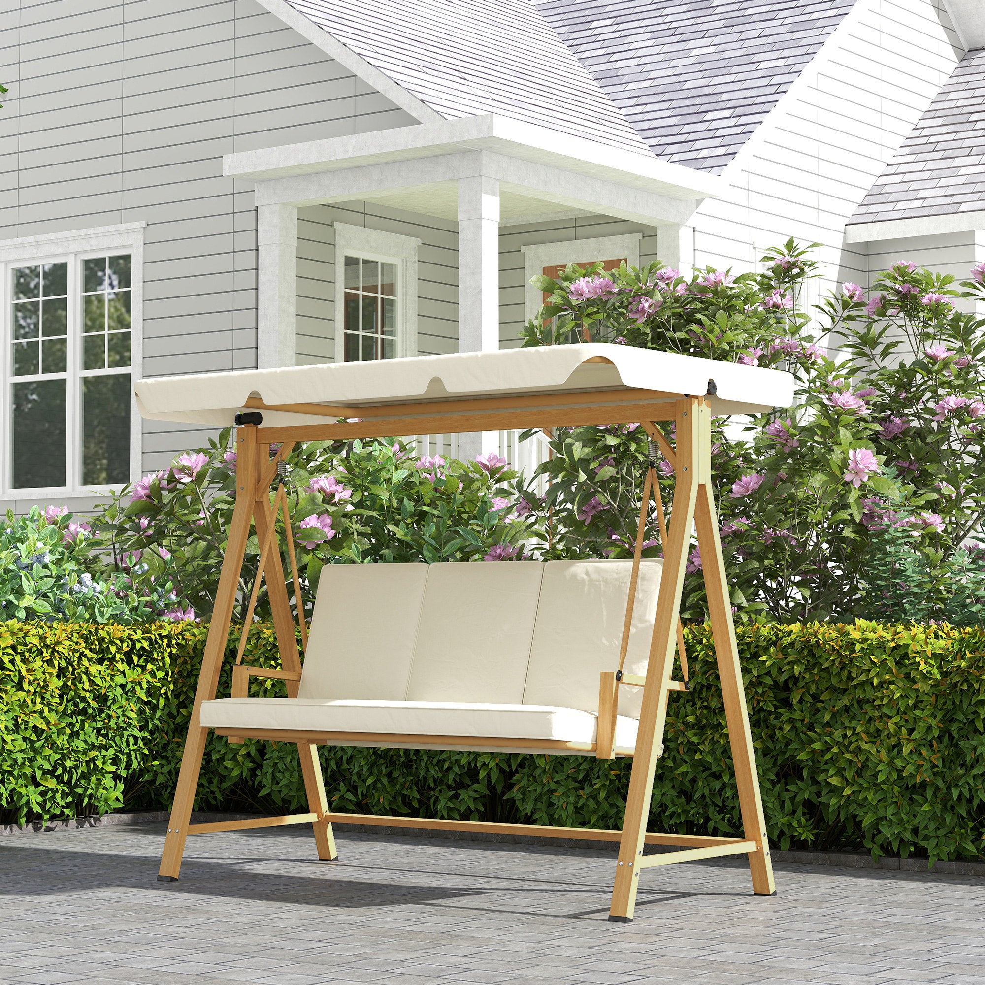 Outsunny Three-Seater Garden Swing Bench, with Adjustable Canopy - Beige - North Peak Garden Furniture