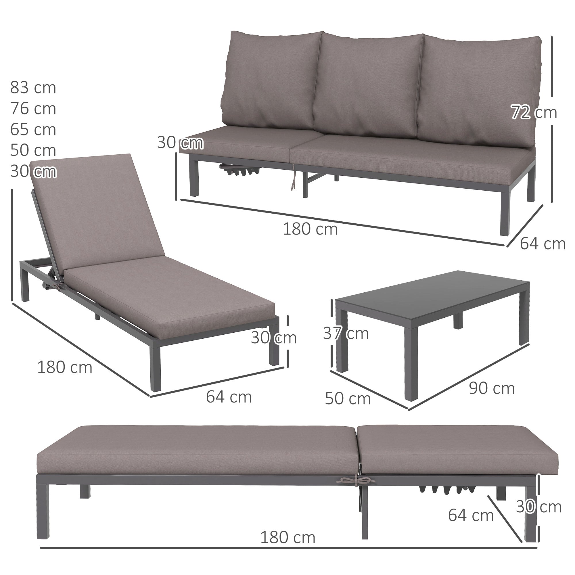 Outsunny Three-Piece Aluminium Lounger Set, with Reclining Backs