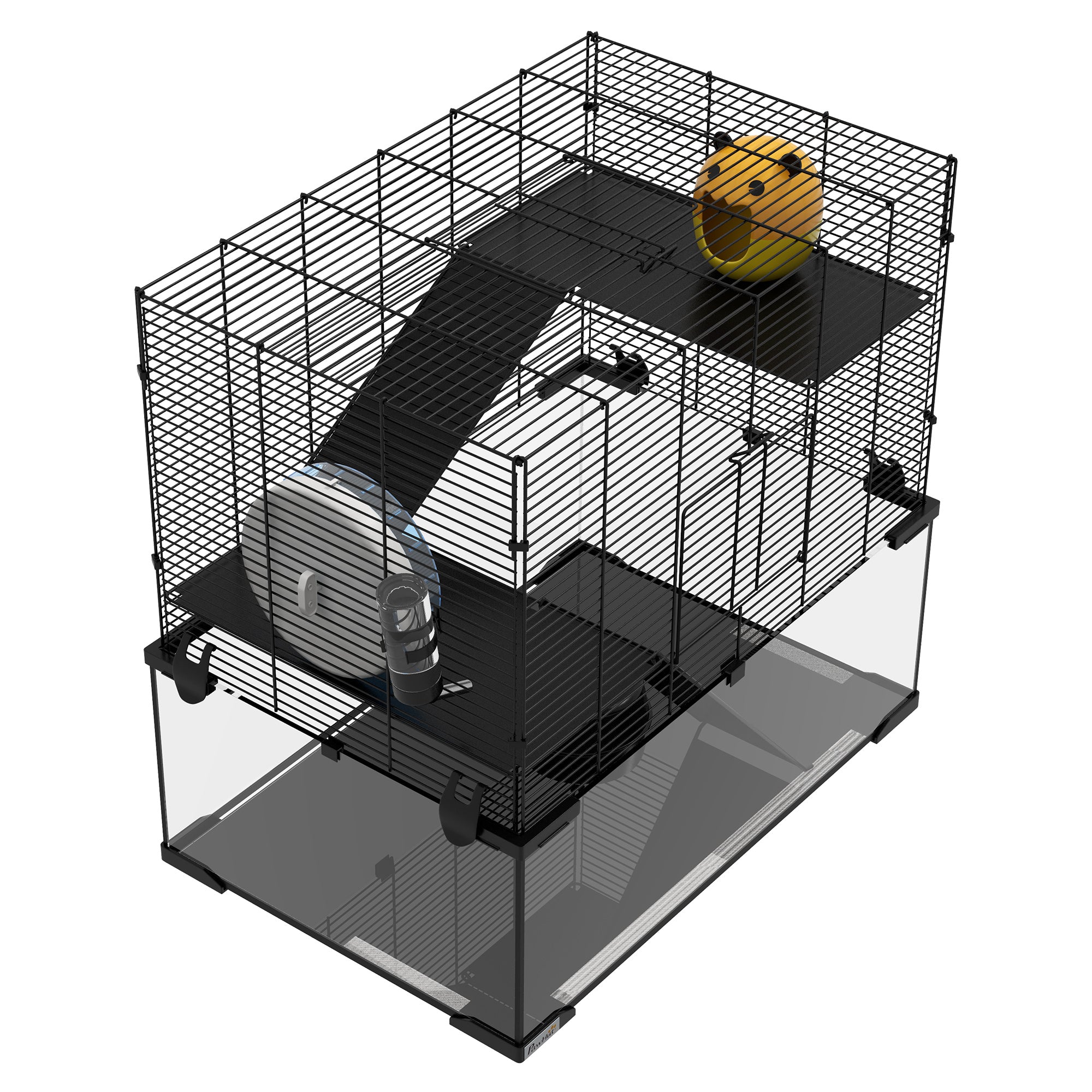 PawHut 3 Tiers Hamster Cage, Gerbil Cage with Deep Glass Bottom, Non-Slip Ramps, Platforms, Hut, Exercise Wheels, Water Bottle, Dish, for Syrian Hamster, Dwarf Hamster, 60 x 40 x 57cm - North Peak Garden Furniture