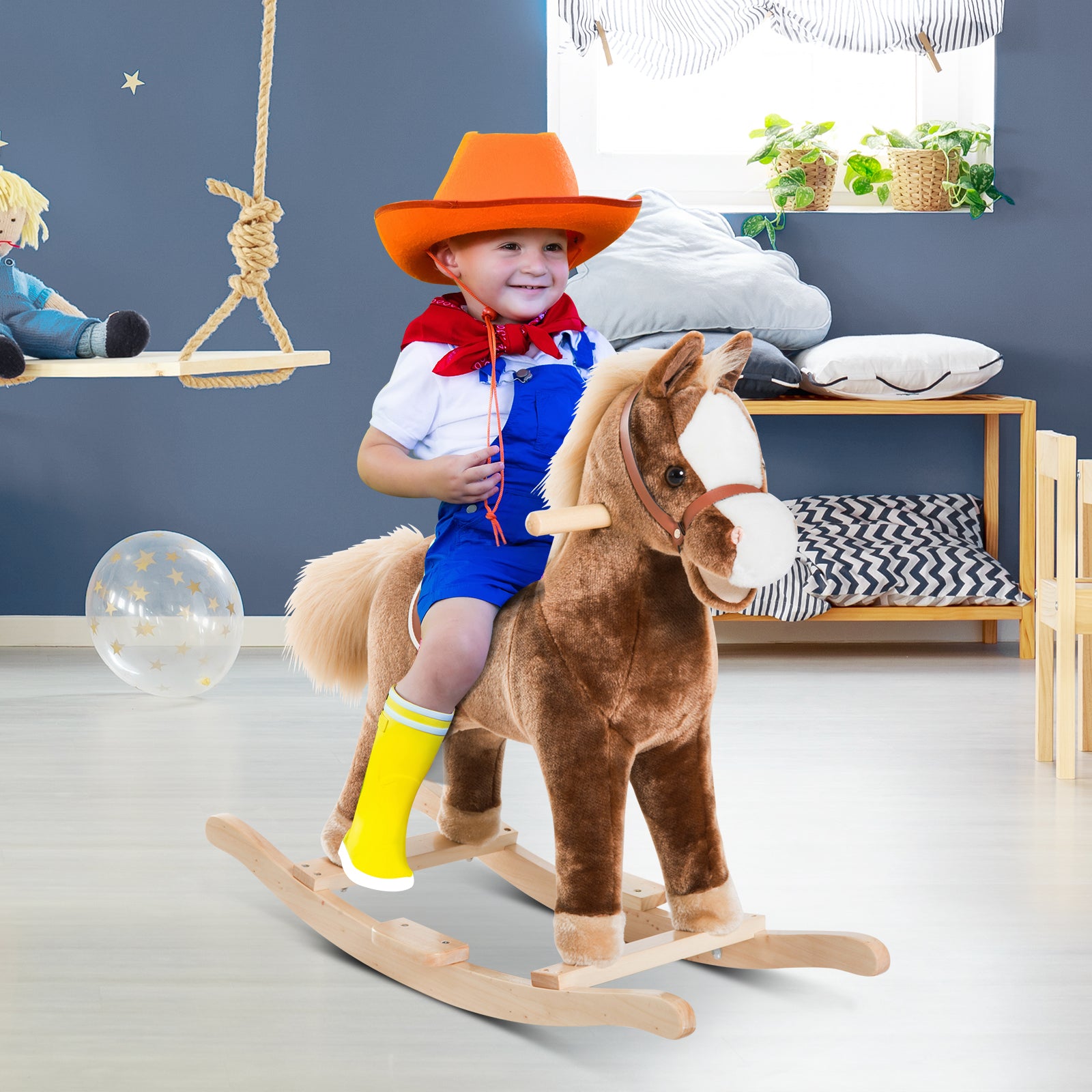 HOMCOM Kids Children Plush Rocking Horse Wooden Base Ride On Toy Rocker with Handle Grip Traditional Toy Fun Gift for Age 3+ (Brown)