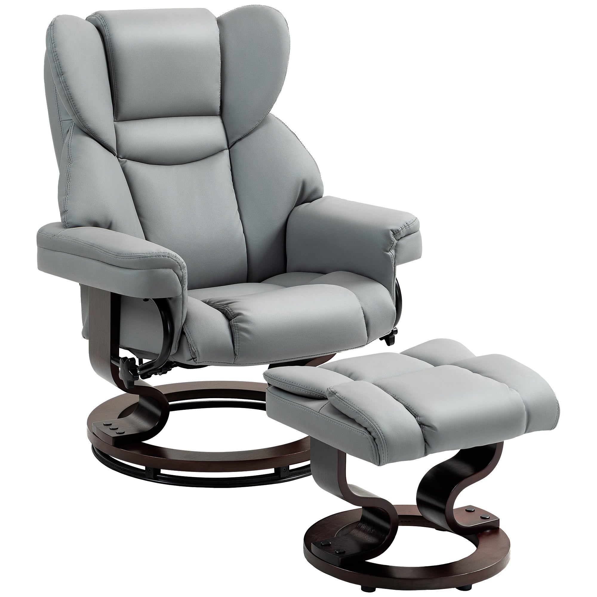 HOMCOM Faux Leather Recliner Chair and Footstool, Swivel Upholstered Armchair and Footstool with Adjustable Backrest, Solid Wood Base for Living Room, Light Grey - North Peak Garden Furniture