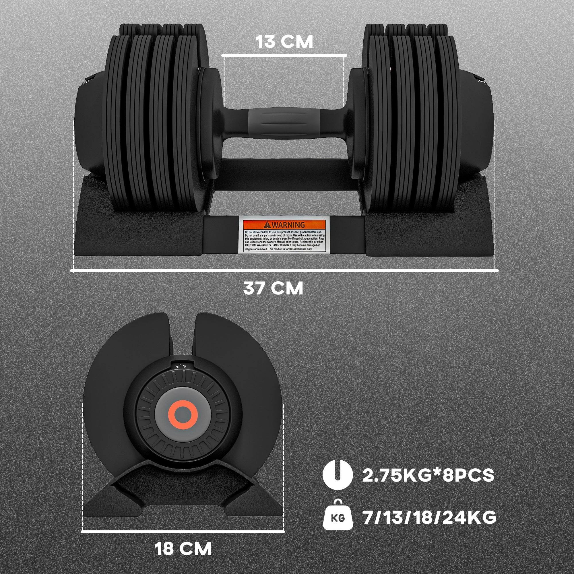 SPORTNOW Adjustable Dumbbells Set, 4-in-1 Weights Set with Storage Tray, Non-Slip Handle, 7kg, 13kg, 18kg, 24kg