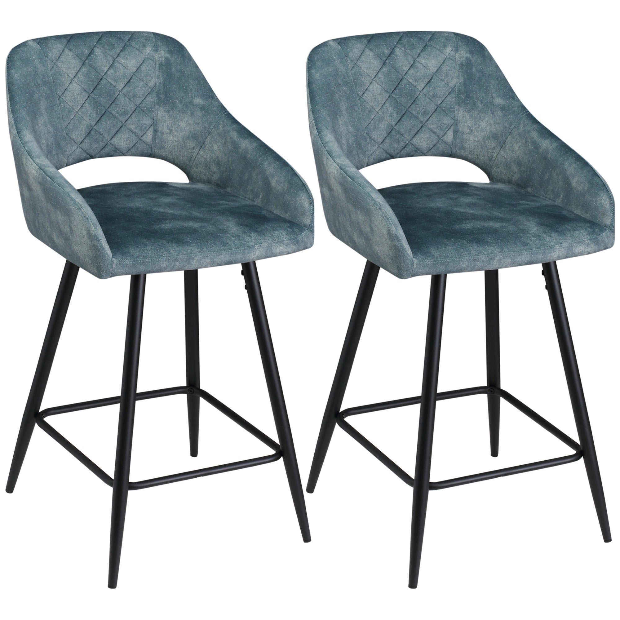 HOMCOM Bar Stools Set of 2, Velvet-Touch Fabric Counter Height Bar Chairs, Kitchen Stools with Steel Legs for Dining Area, Kitchen Island Barstools, Blue - North Peak Garden Furniture
