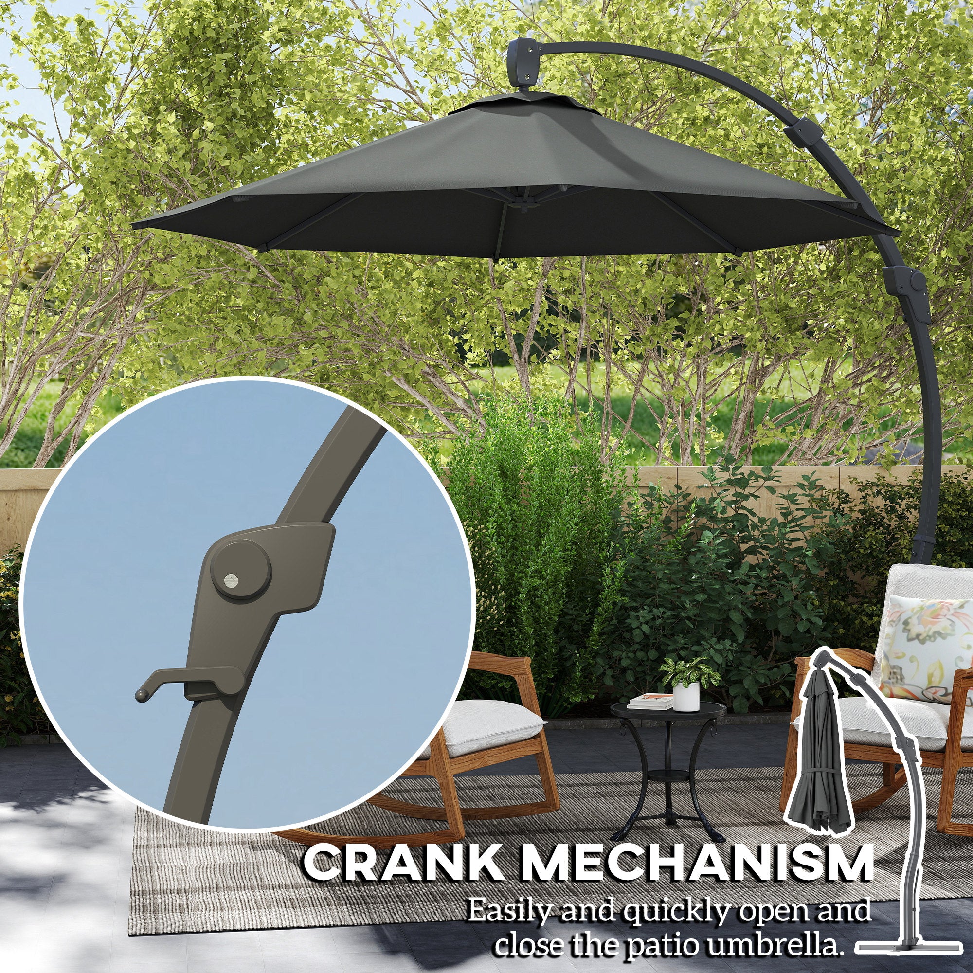 Outsunny 3(m) Garden Cantilever Parasol, Round Overhanging Umbrella with Crank Handle, Cross Base, Aluminium Frame and 360° Rotation, Banana Patio Umbrella for Outdoor Sun Shade, Grey - North Peak Garden Furniture