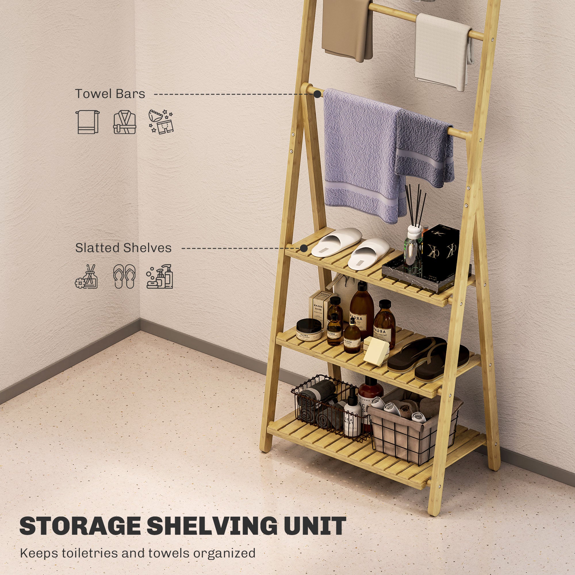 HOMCOM Three-Shelf Bamboo Storage Unit, with Towel Racks - Natural Finish - North Peak Garden Furniture