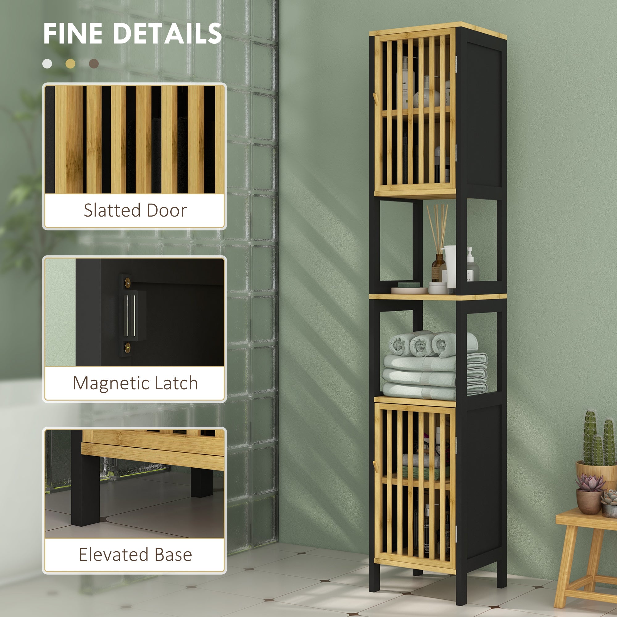 HOMCOM Bamboo-Blend Retro Cut-Out Tall Bathroom Storage Unit - North Peak Garden Furniture