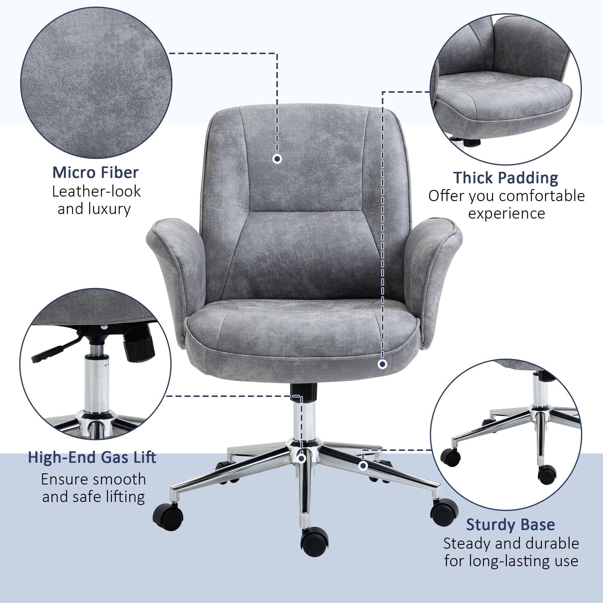 Vinsetto Swivel Computer Office Chair Mid Back Desk Chair for Home Study Bedroom, Light Grey - North Peak Garden Furniture
