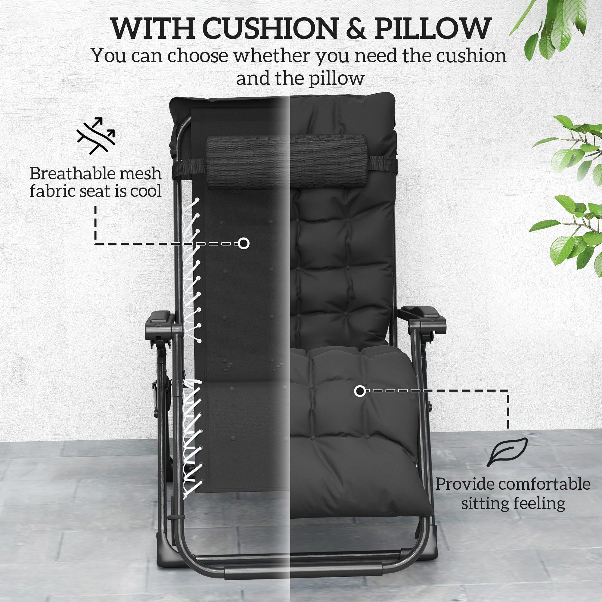 Outsunny 2 Piece Reclining Zero Gravity Sun Loungers with Cushions, Black