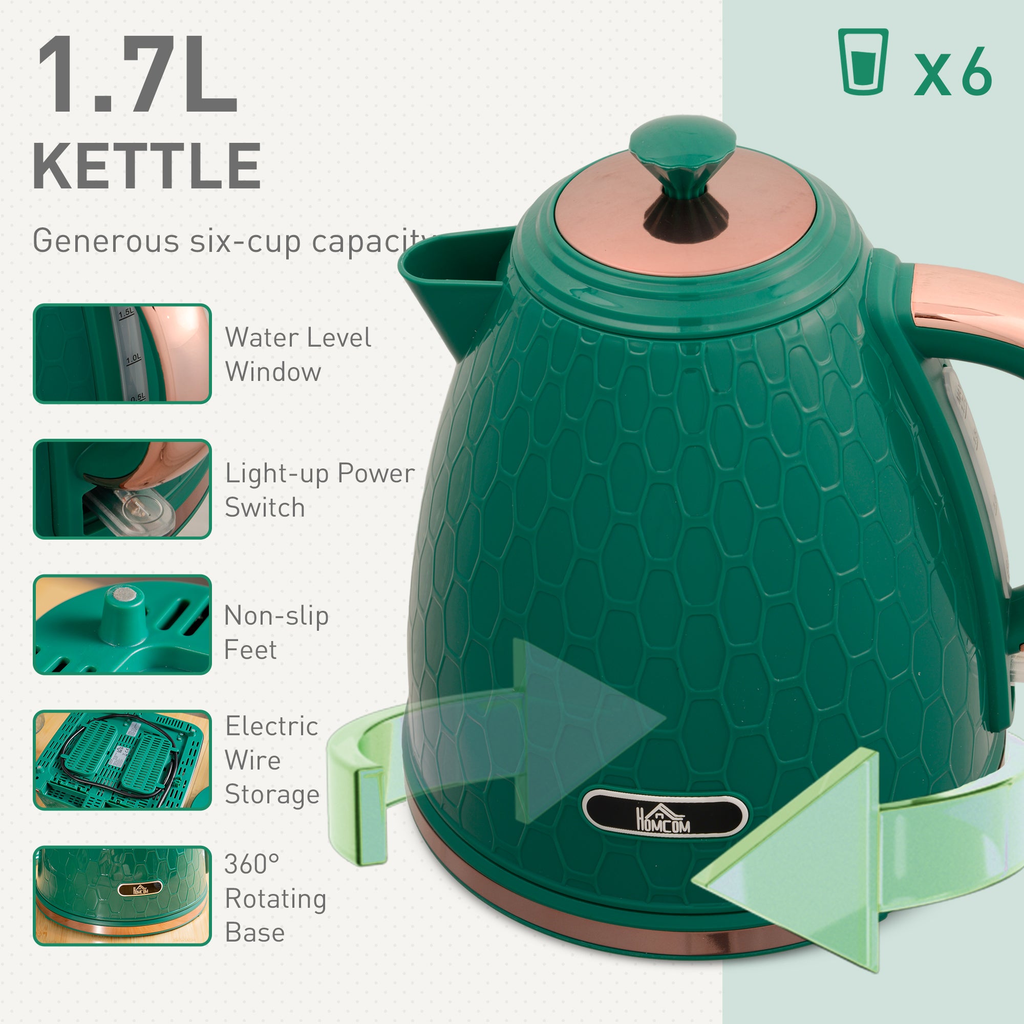 HOMCOM Kettle and Toaster Set, 1.7L 3000W Fast Boil Jug Kettle with Auto Shut Off, 4 Slice Toaster with 7 Level Browning Controls & Crumb Tray, Green - North Peak Garden Furniture