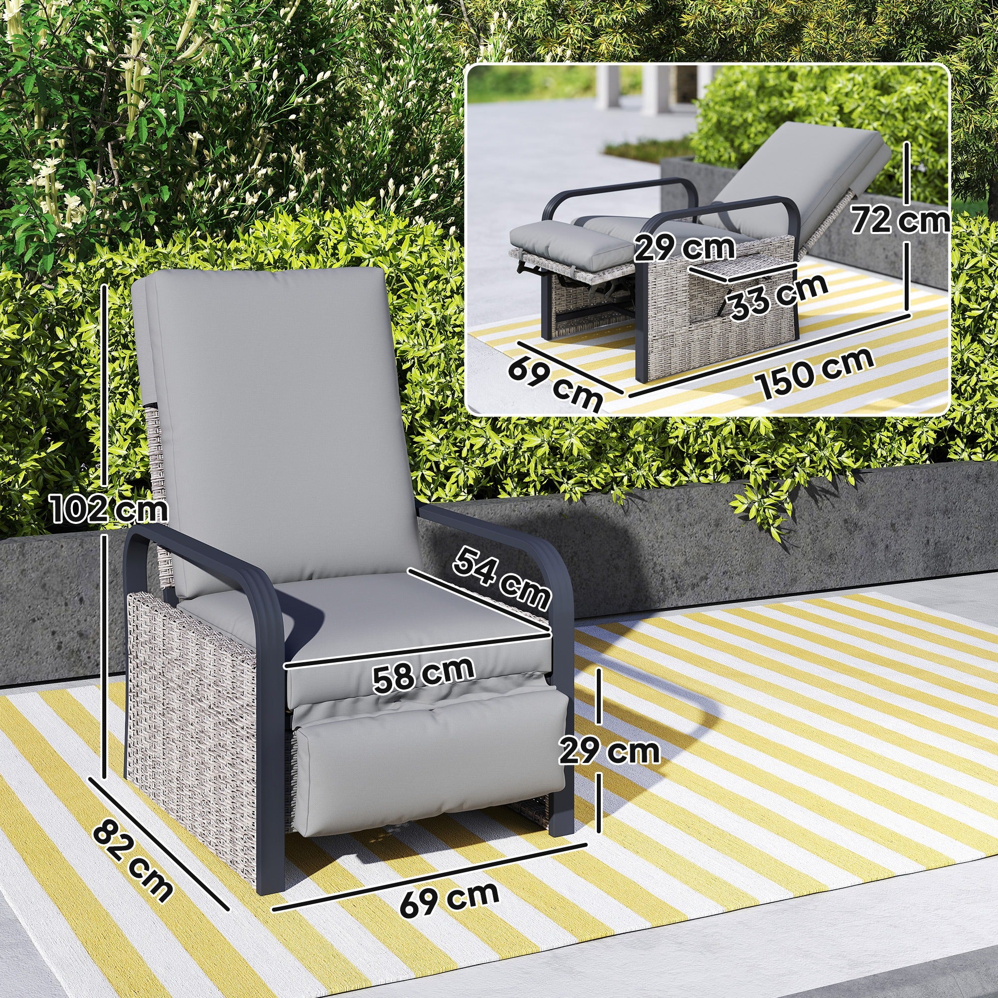 Outsunny 140° Reclining Rattan Armchair - Mixed Grey - North Peak Garden Furniture