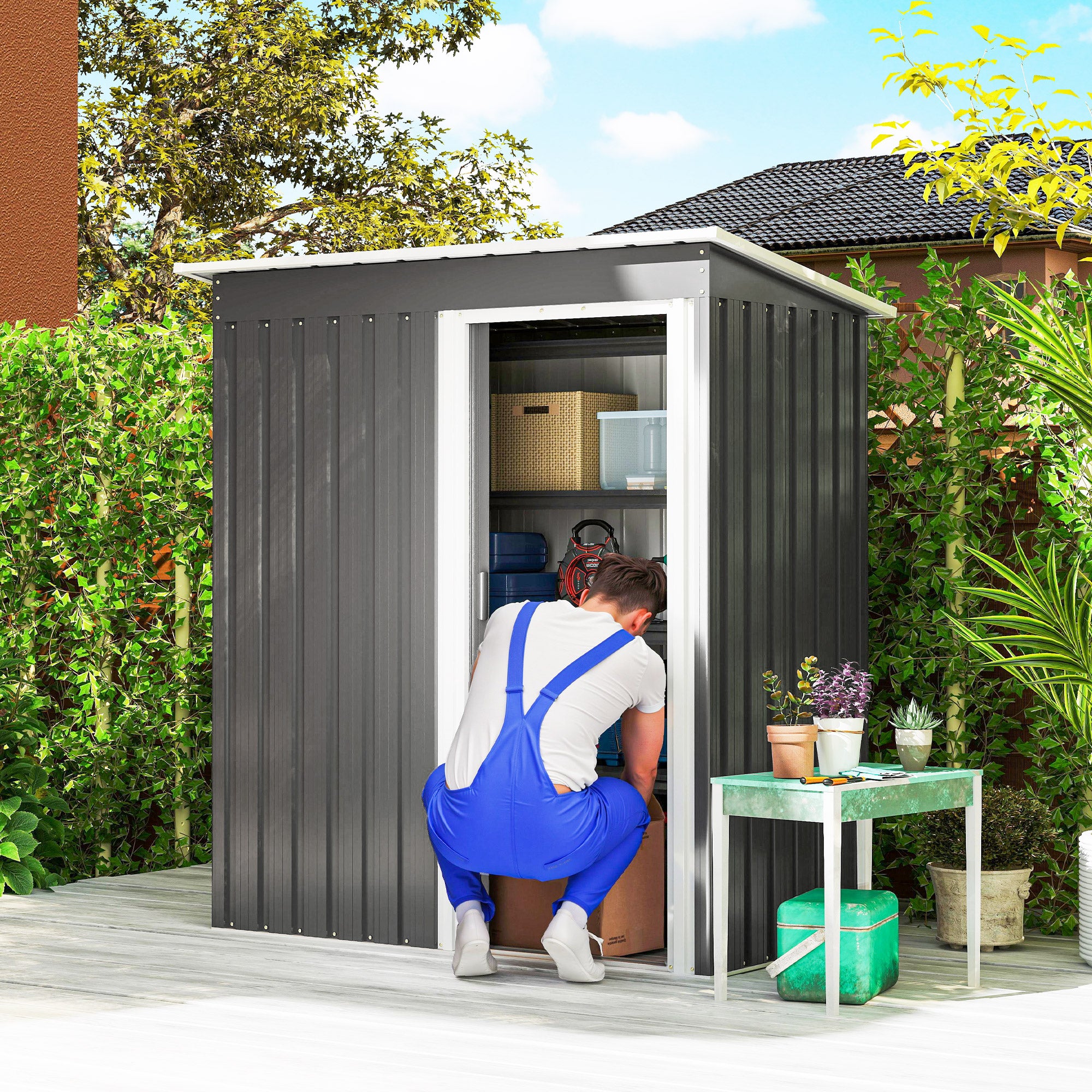 Outsunny 5 x 3ft Garden Storage Shed with Sliding Door and Sloped Roof Outdoor Equipment Tool, Light Grey