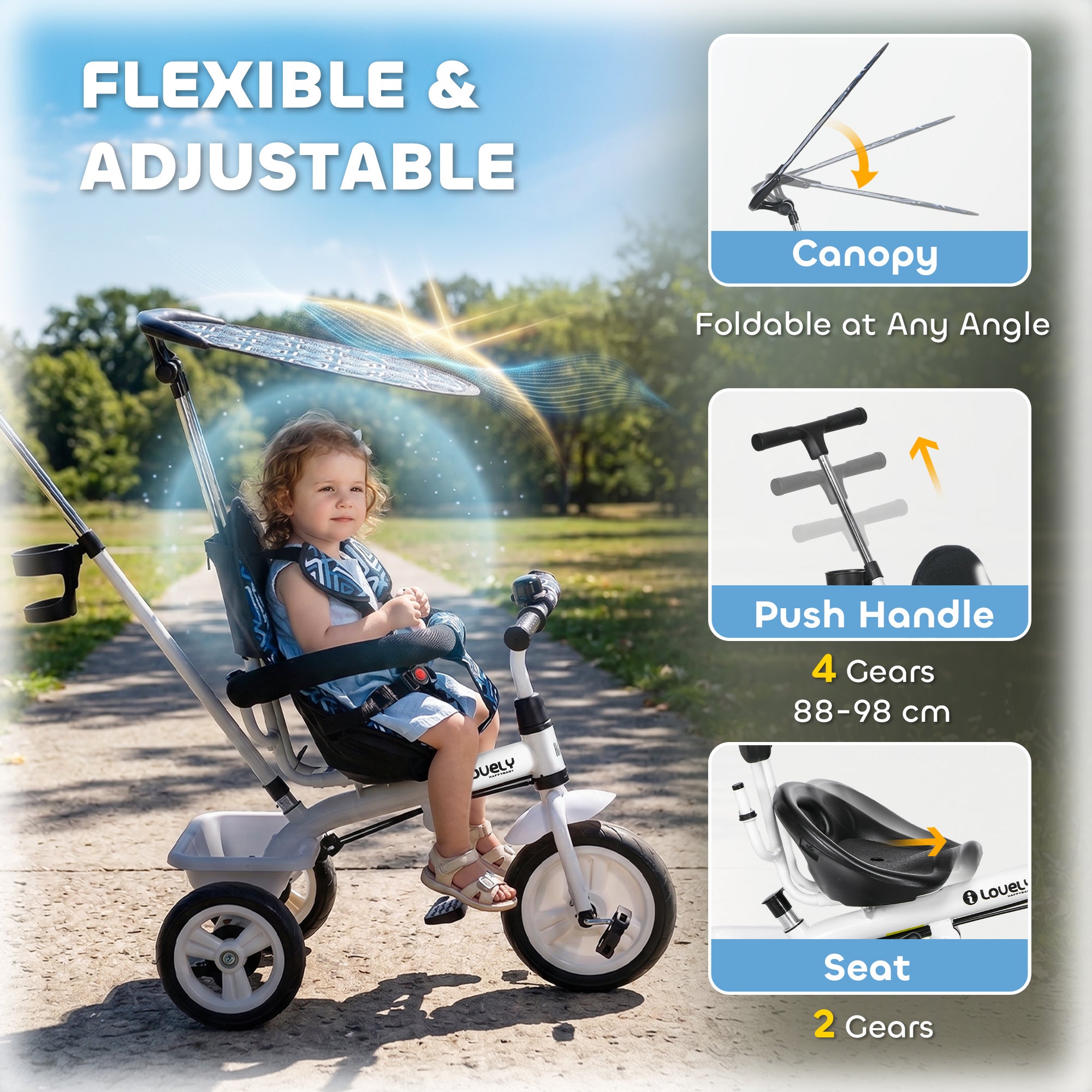 HOMCOM 6 in 1 Tricycle for Kids with 5-point harness straps, Removable Canopy, Blue