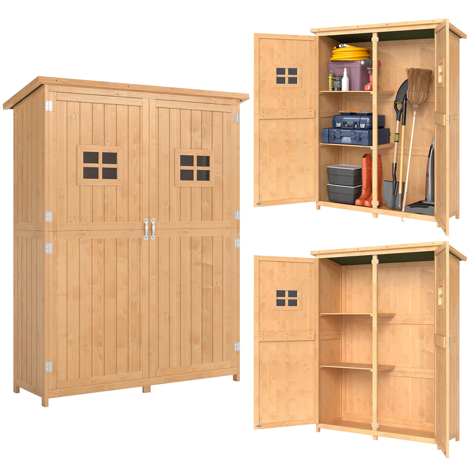 Outsunny Wooden Garden Shed with Two Windows, Tool Storage Cabinet, Outdoor Double Door Organizer 127.5L x 50W x 164H cm, Natural
