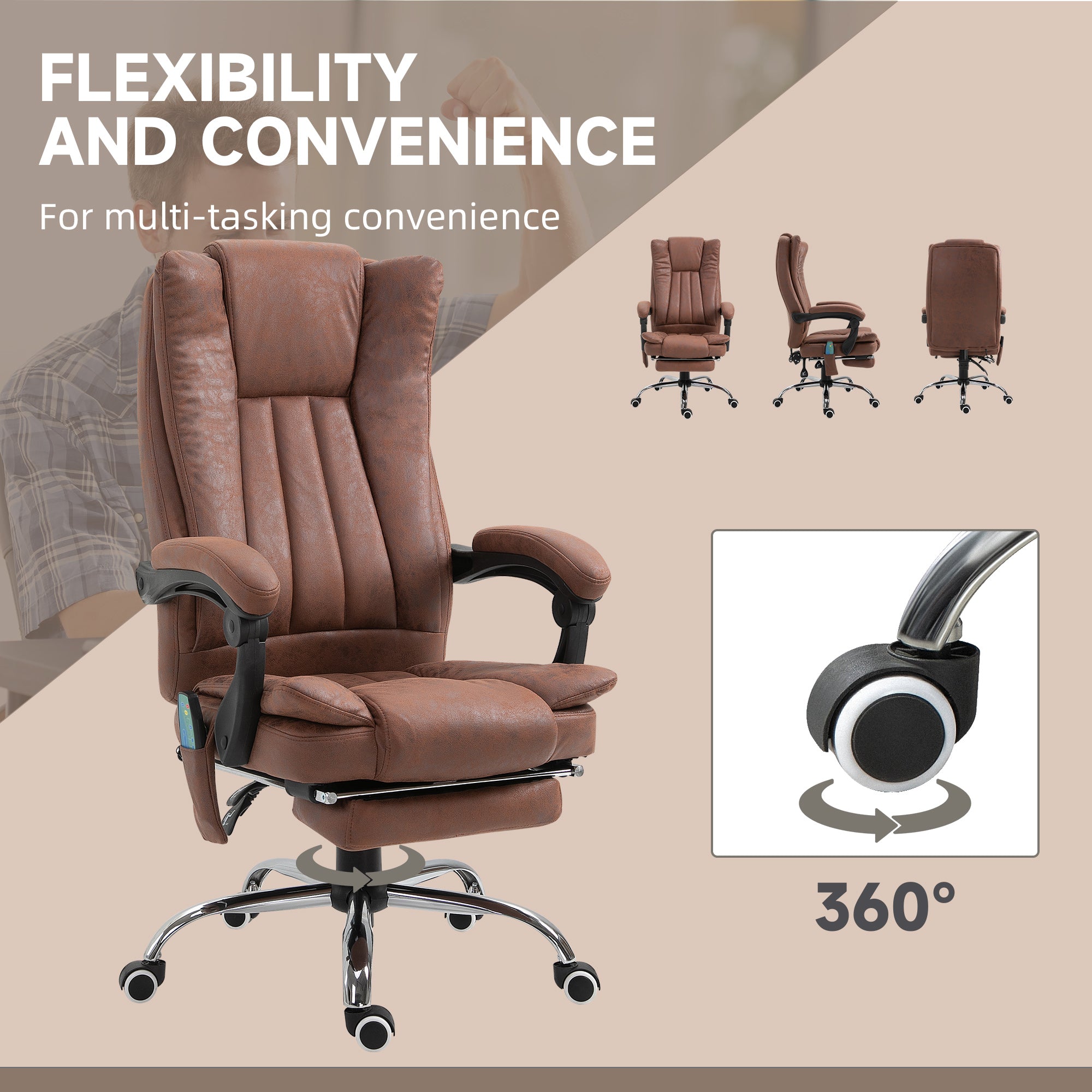 Vinsetto Office Chair with Massage and Heat, Microfibre Reclining Computer Desk Chair with Footrest and Adjustable Height, Swivel Wheels for Home Office, Brown - North Peak Garden Furniture