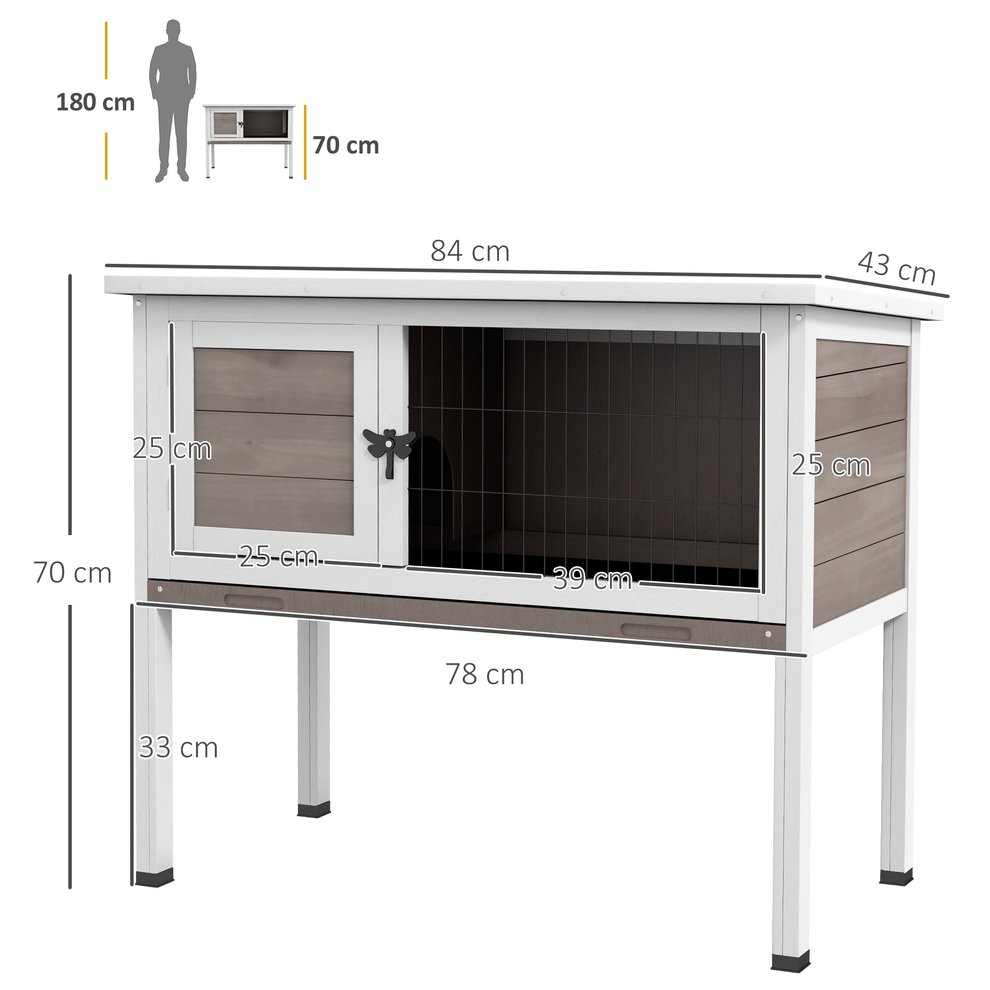 PawHut Wooden Guinea Pig Hutch, Small Animal Cage with Slide-out Tray, Openable Asphalt Roof, 84 x 43 x 70cm, Brown