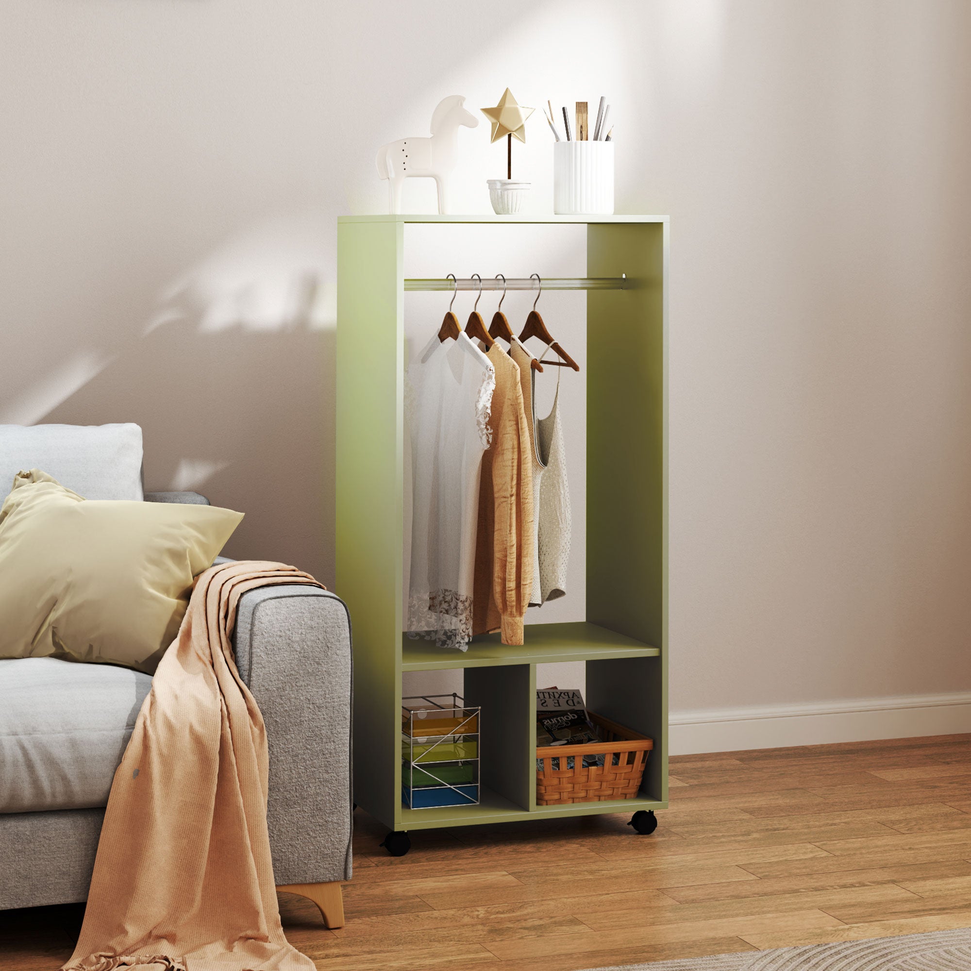 HOMCOM Open Wardrobe on Wheels, Bedroom Wardrobe with Clothes Hanging Rail, 2 Storage Shelves, Mobile Garment Rack for Cloakroom, Hallway, Green - North Peak Garden Furniture