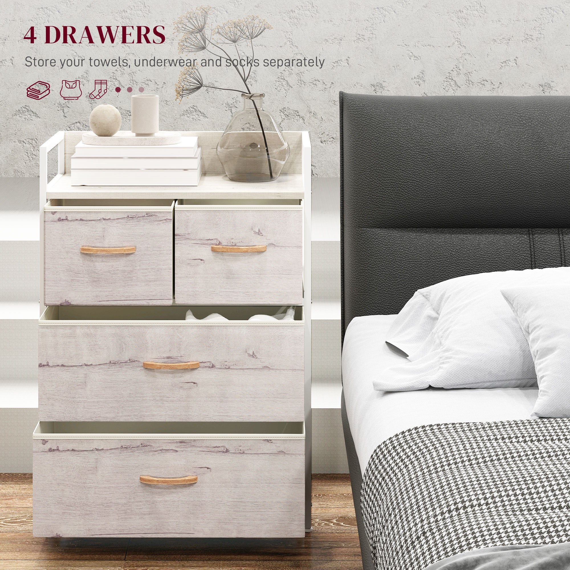 HOMCOM Rustic Chest of Four Fabric Drawers - Black - North Peak Garden Furniture
