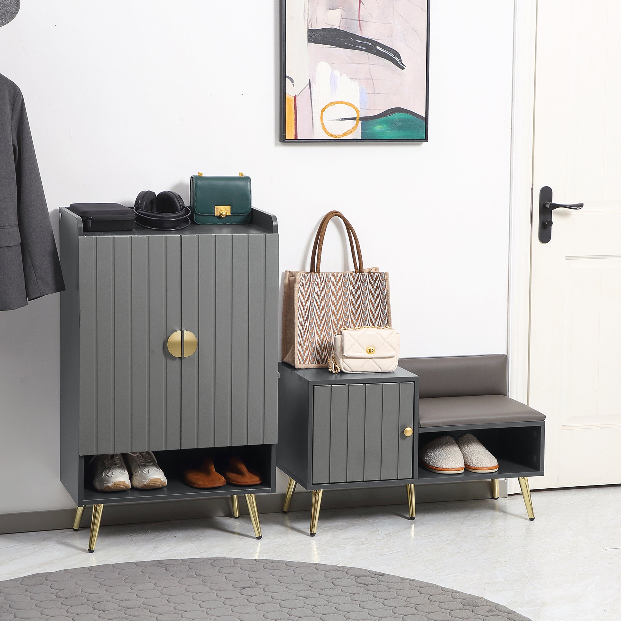 HOMCOM Modern Shoe Cabinet with 2 Doors, Open Shelf and Adjustable Shelves, 15 Pair Hallway Shoe Cupboard, Entryway Storage Unit, Grey