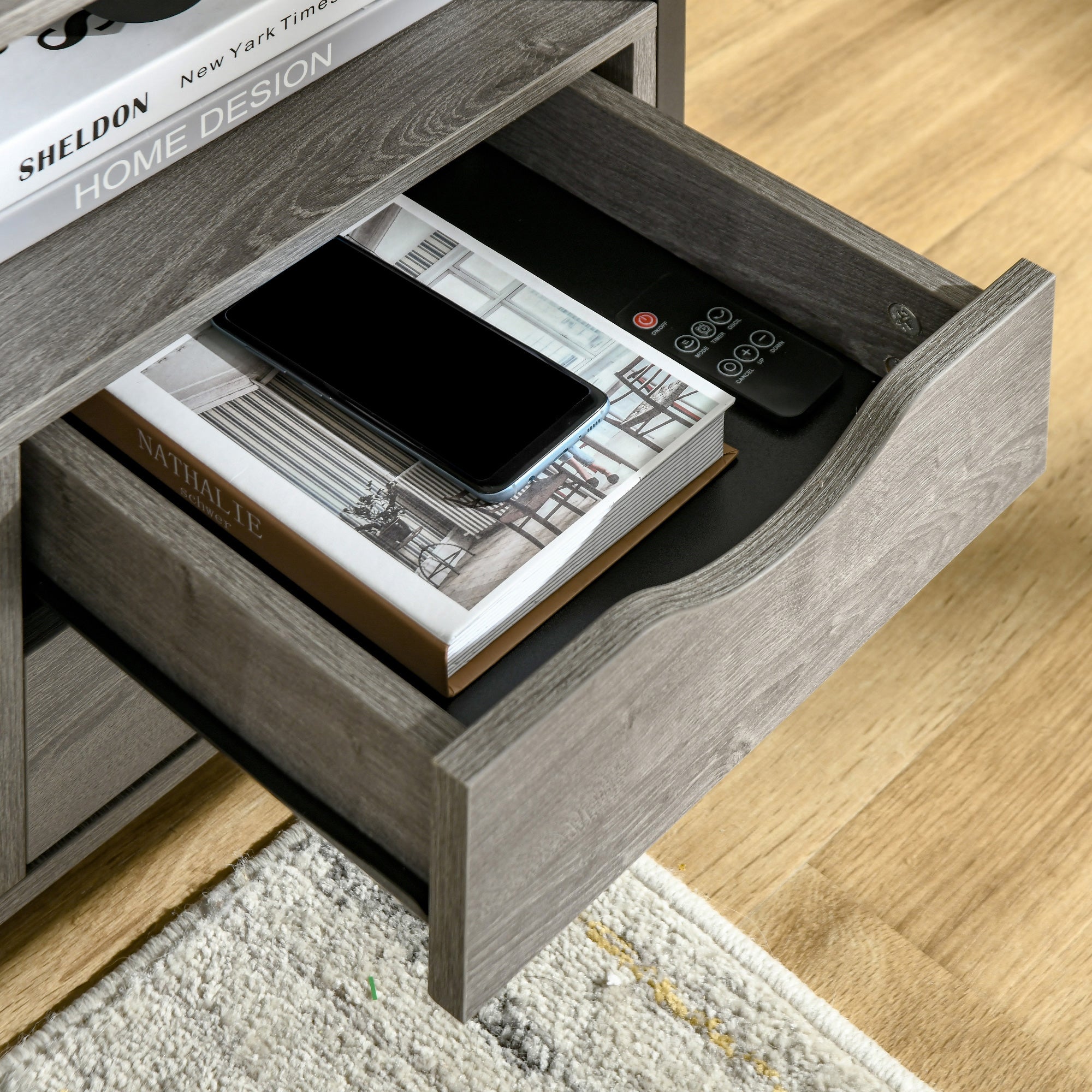 HOMCOM Industrial Side Table with Drawer, Sofa Table, Bedside Cabinet with Storage Shelf, Slim Nightstand for Living Room, Bedroom, Grey - North Peak Garden Furniture