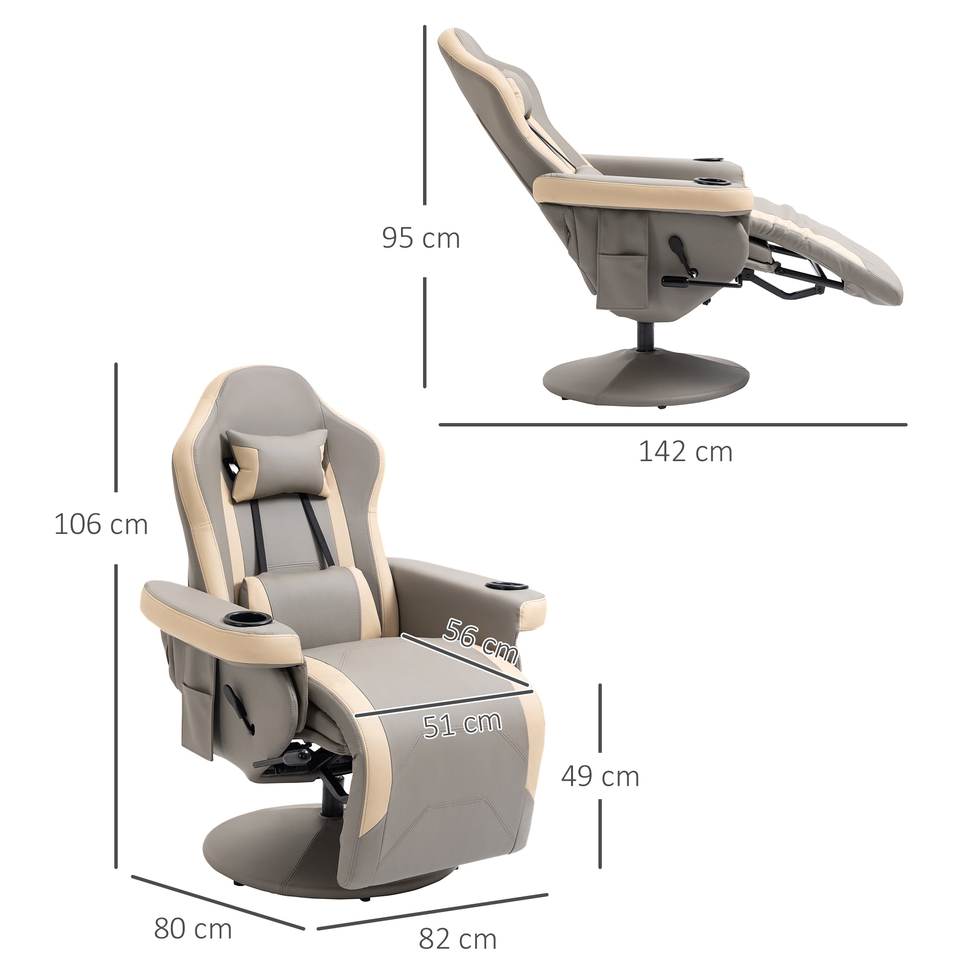 HOMCOM Manual Recliner Armchair PU Leather Lounge Chair w/ Adjustable Leg Rest, 135° Reclining Function, 360° Swivel, Grey - North Peak Garden Furniture