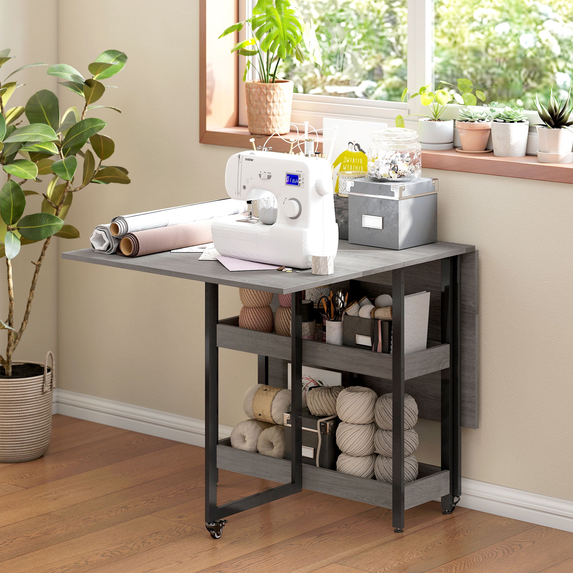 HOMCOM Industrial Folding Dining Table, Drop Leaf Table with Open Compartments for Small Spaces, Kitchen, Dining Room, Grey - North Peak Garden Furniture