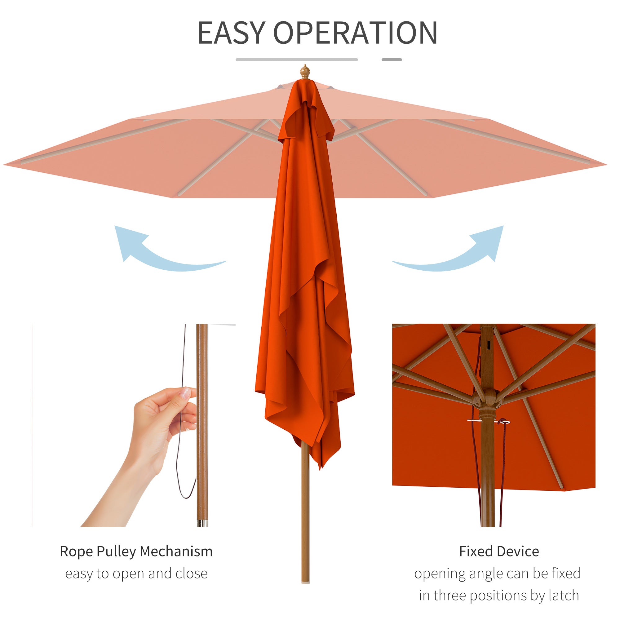 Outsunny 2.5m Wood Garden Parasol Sun Shade Patio Outdoor Wooden Umbrella Canopy Orange - North Peak Garden Furniture