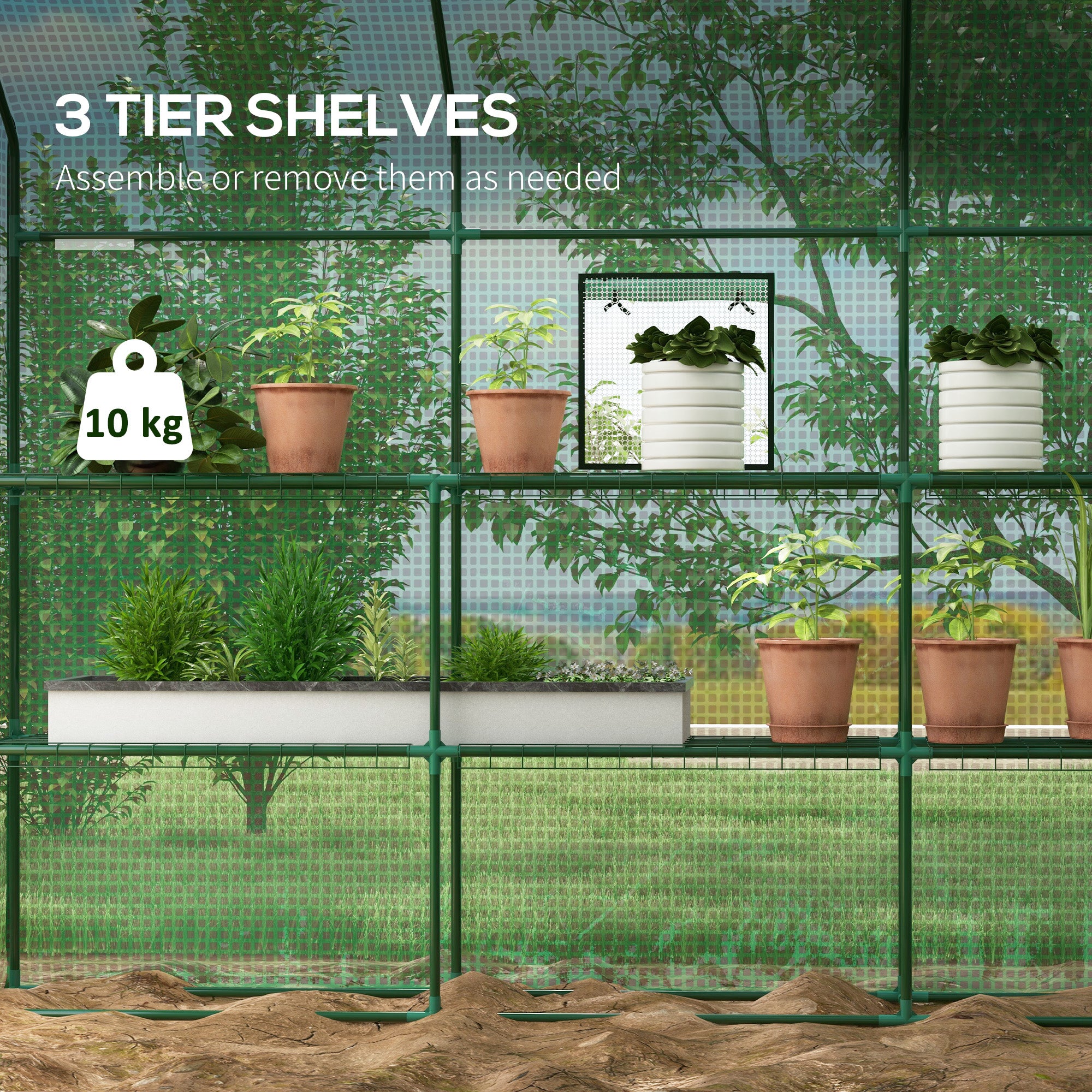 Outsunny Walk-in Greenhouse with 3 Tier Shelves, Outdoor Green House Garden Grow House with Reinforced PE Cover, Roll-up Door and Mesh Windows, 140 x 213 x 190cm, Green - North Peak Garden Furniture