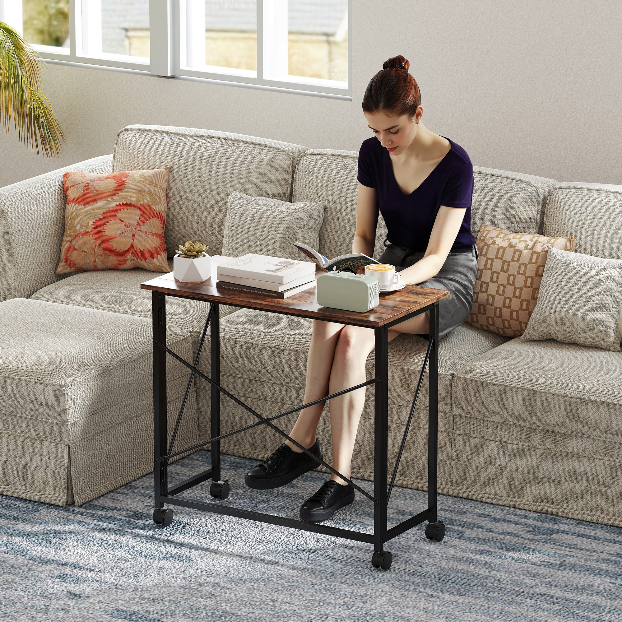 HOMCOM 80 cm Folding Desk on Wheels - Rustic Brown - North Peak Garden Furniture