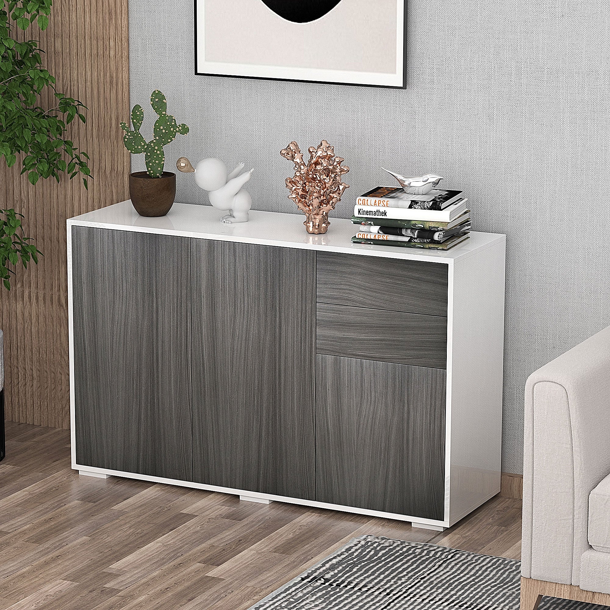 HOMCOM High Gloss Frame Sideboard, Side Cabinet, Push-Open Design with 2 Drawer for Living Room, Bedroom, Light Grey and White - North Peak Garden Furniture