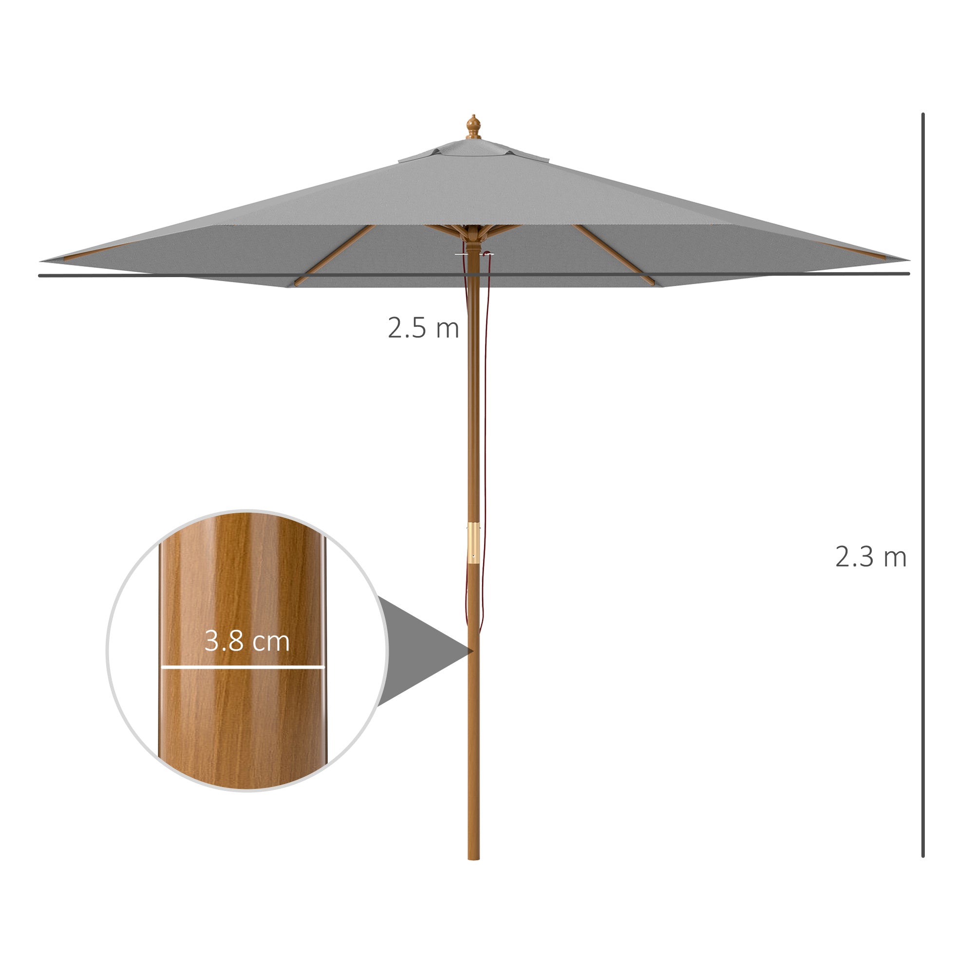 Outsunny 2.5m Wood Garden Parasol Sun Shade Patio Outdoor Wooden Umbrella Canopy Light Grey - North Peak Garden Furniture