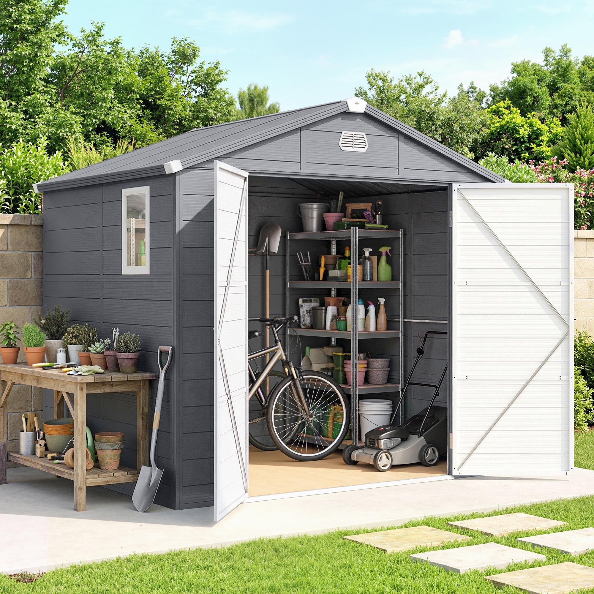 Outsunny 7.9ft x 6.2ft Aluminium Frame and Plastic Wall Shed, with Foundation - Grey