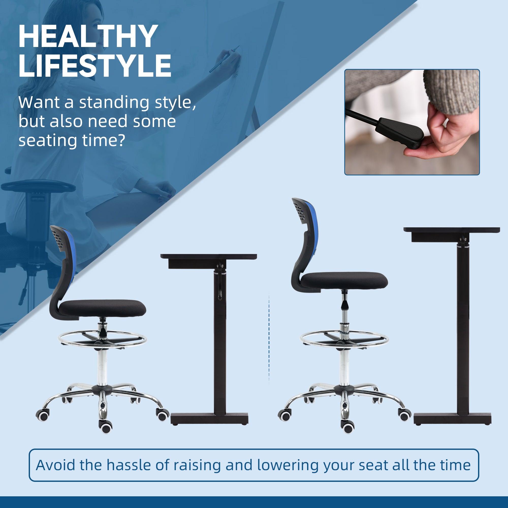 Vinsetto Drafting Chair, Swivel Office Draughtsman Chair, Mesh Standing Desk Chair with Lumbar Support, Adjustable Foot Ring, Armless, Dark Blue - North Peak Garden Furniture