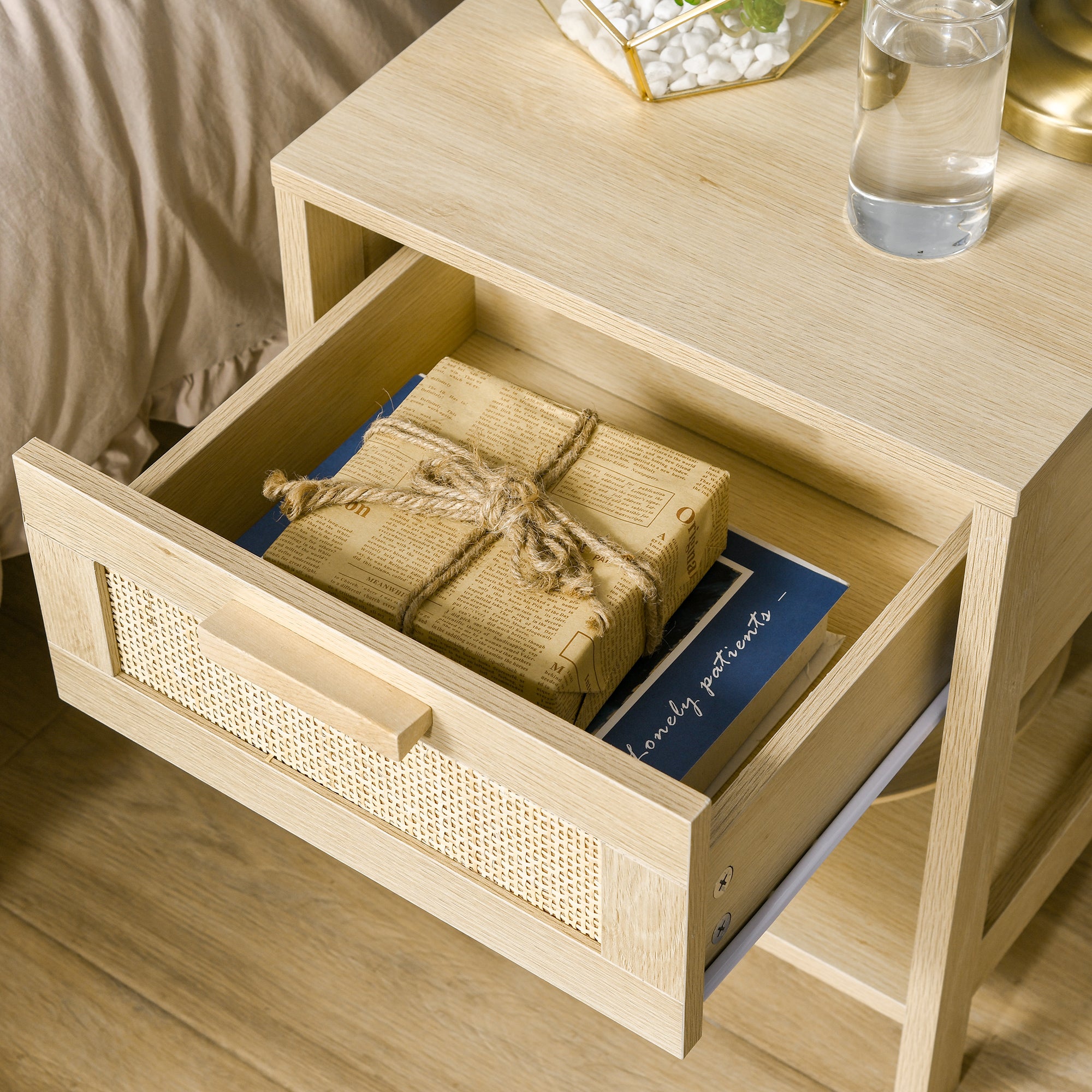 HOMCOM Bedside Table Set of 2 with Rattan Drawer, Rustic Side Tables with Storage Shelf for Bedroom, Living Room, Natural