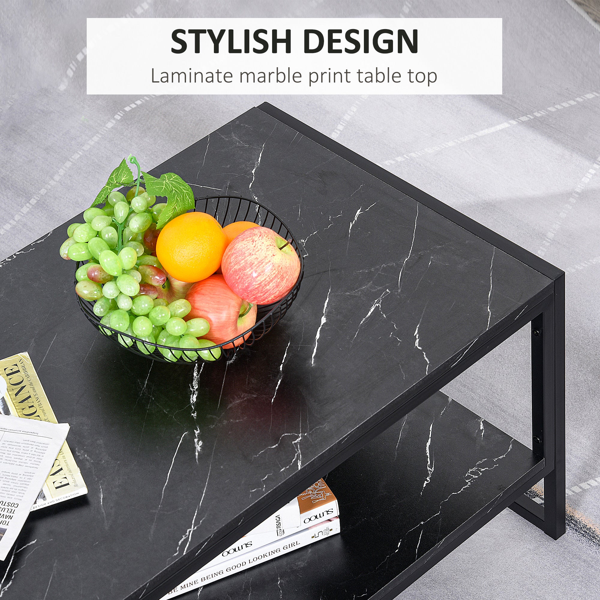 HOMCOM Coffee Table, Two-Tier Marble Centre Table with Metal Frame and Storage Shelf for Living Room, 106 x 50 x 45cm, Black - North Peak Garden Furniture