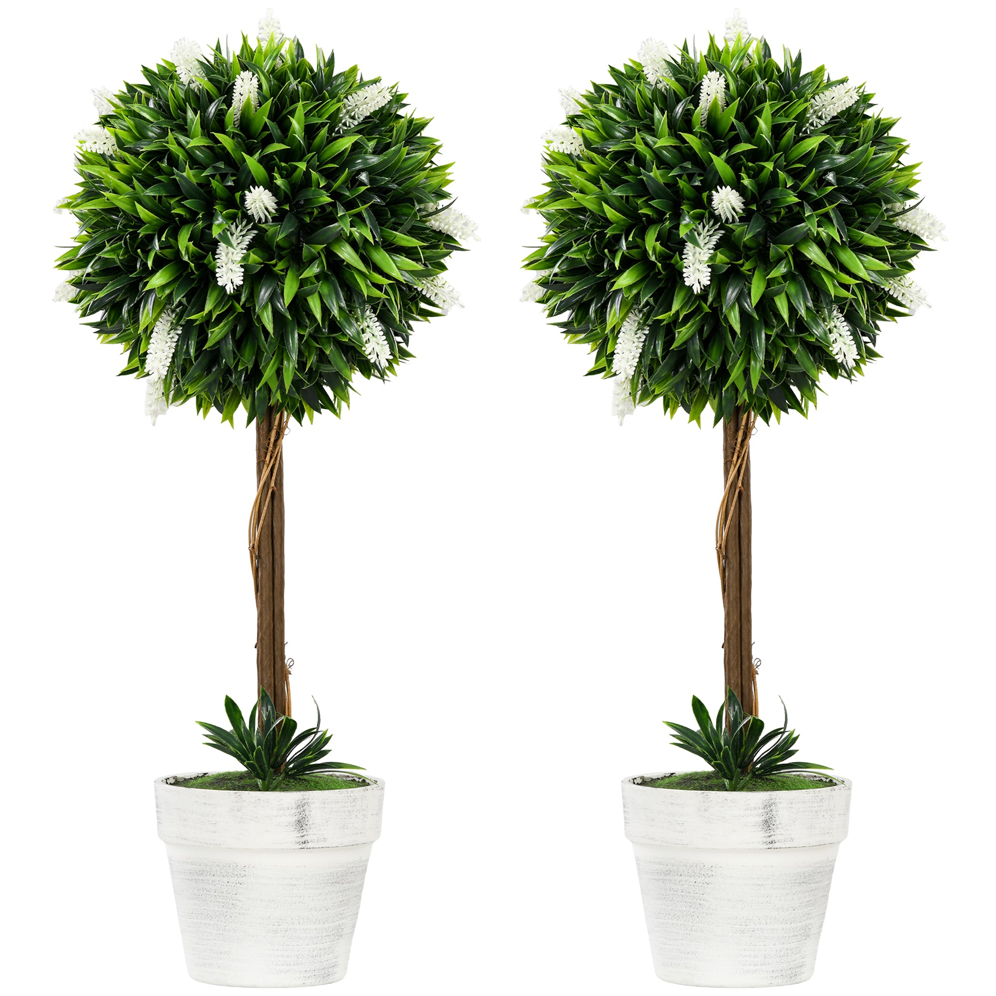 HOMCOM Set of 2 Decorative Artificial Plants Ball Trees with Flower for Home Indoor Outdoor Decor, 60cm ,White - North Peak Garden Furniture