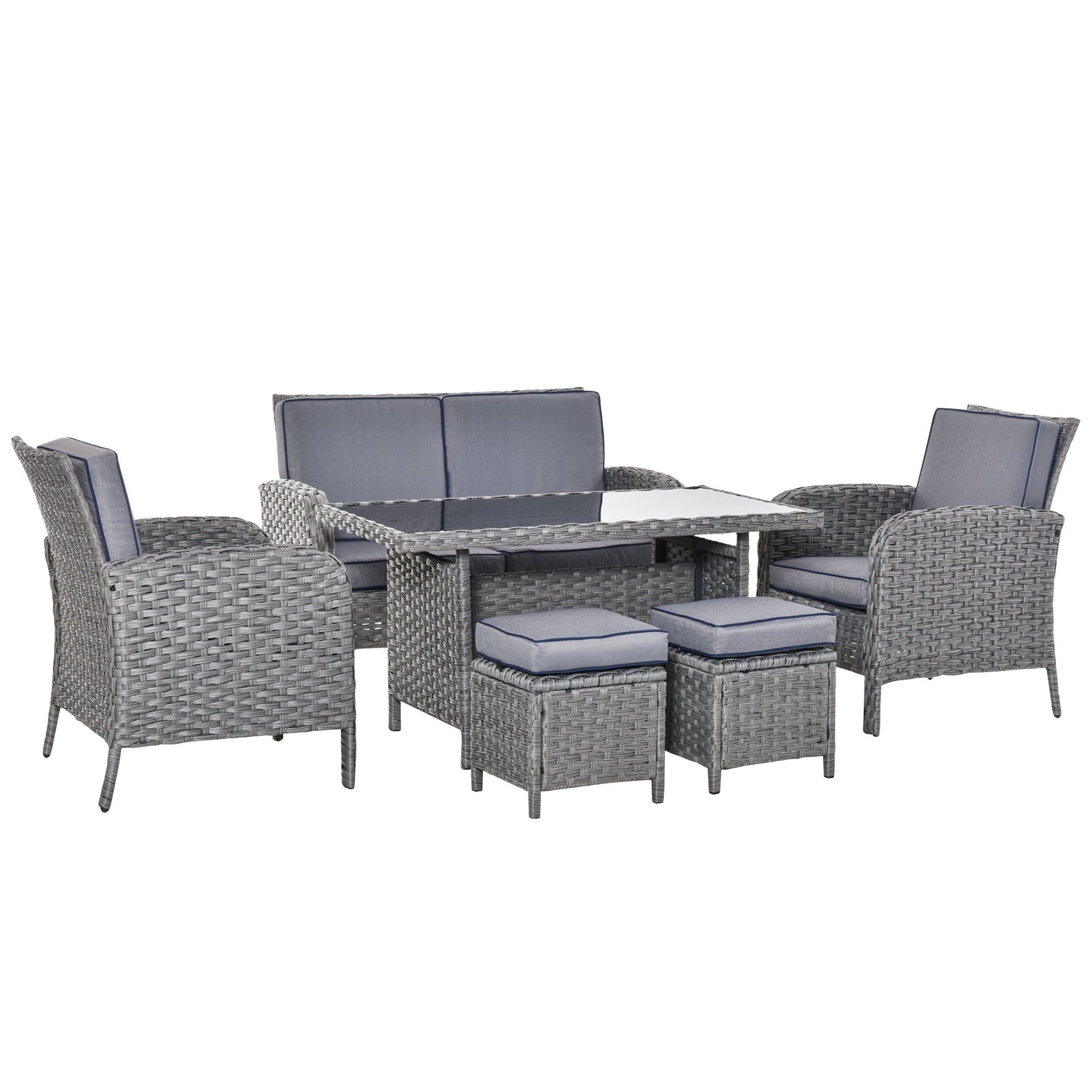 Outsunny 6 Pieces Outdoor Patio Rattan Dining Table Sets Bonzer All Weather PE Wicker Sofa Furniture Set for Backyard Garden w/ Cushions Grey - North Peak Garden Furniture