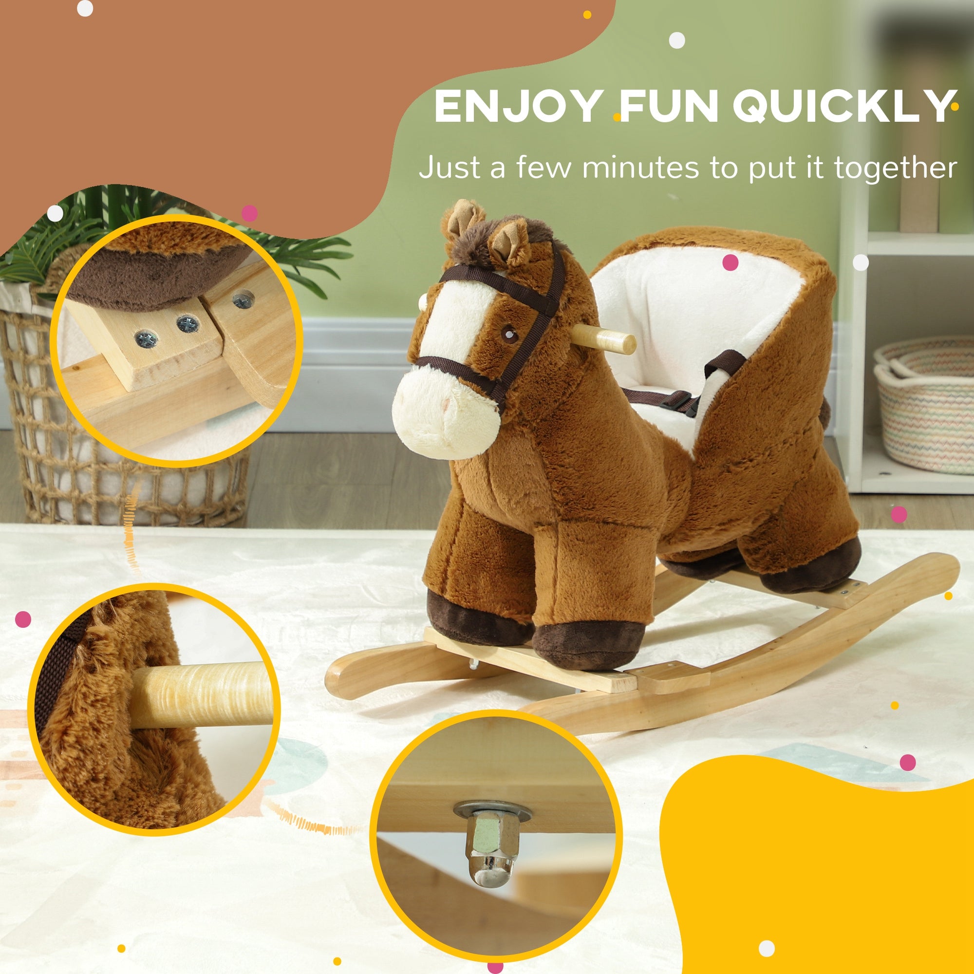 AIYAPLAY Kids Rocking Horse, Plush Ride on Horse, with Sound, Wood Base, for Ages 18-36 Months, Brown - North Peak Garden Furniture