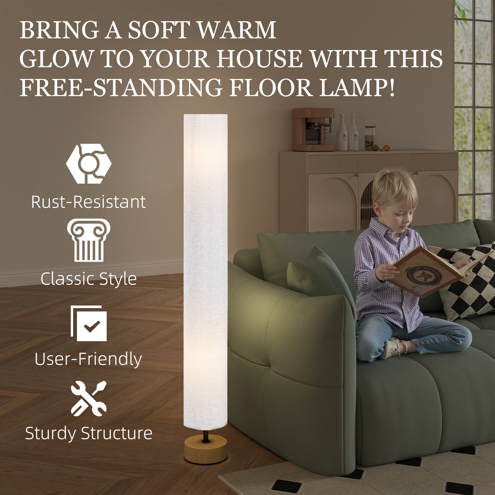 HOMCOM 47-Inch Modern Wooden Floor Lamp for Bedroom, Study or Living Space with Fabric Linen Shade (Grey)  120 CM