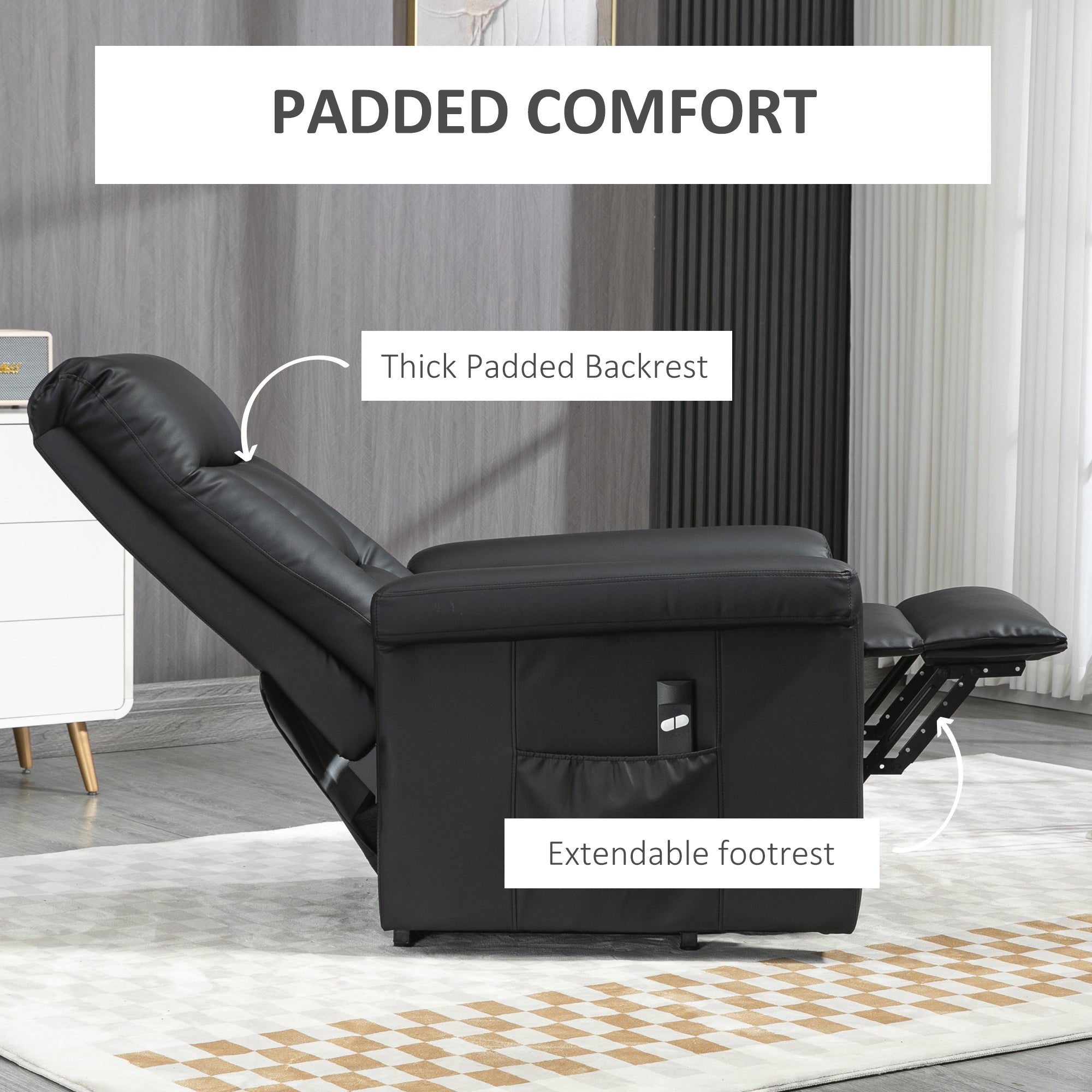 HOMCOM Power Lift Chair, PU Leather Recliner Sofa Chair for Elderly with Remote Control, Side Pocket, Black - North Peak Garden Furniture