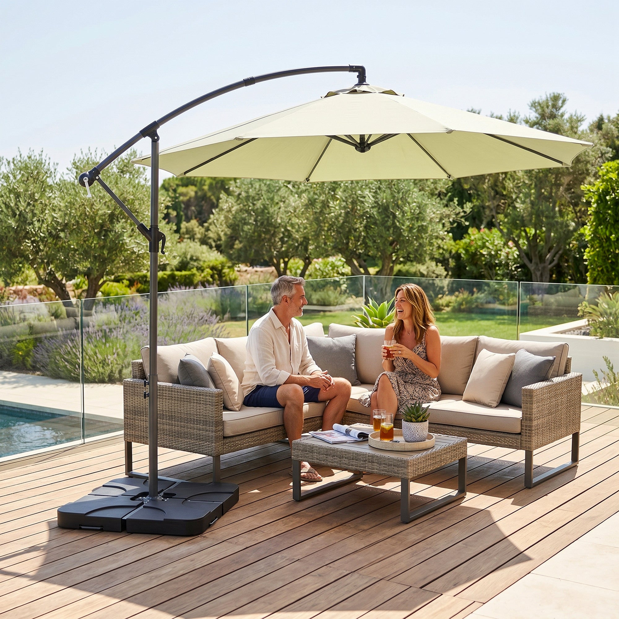 Outsunny 3m Overhanging Parasol, with Base, Weights and Cover - Beige